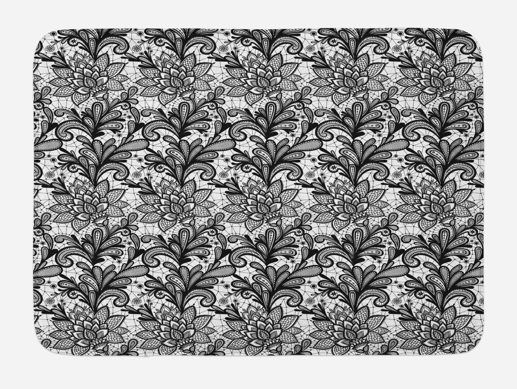 Ambesonne Black and White Bath Mat - Vintage Victorian Lace Style with Floral Leaf Pattern, Non-Slip Plush Bathroom Rug 30