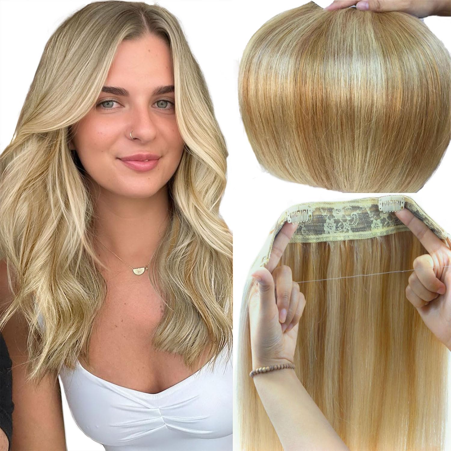 Ugrace Clip In Hair Extensions 20 Inch - Real Human Hair, Invisible Fish Wire, Highlight Color P16/613 - Seamless Straight Hair Extensions for Women | Perfect for Daily Wear, Parties & Special Occasions