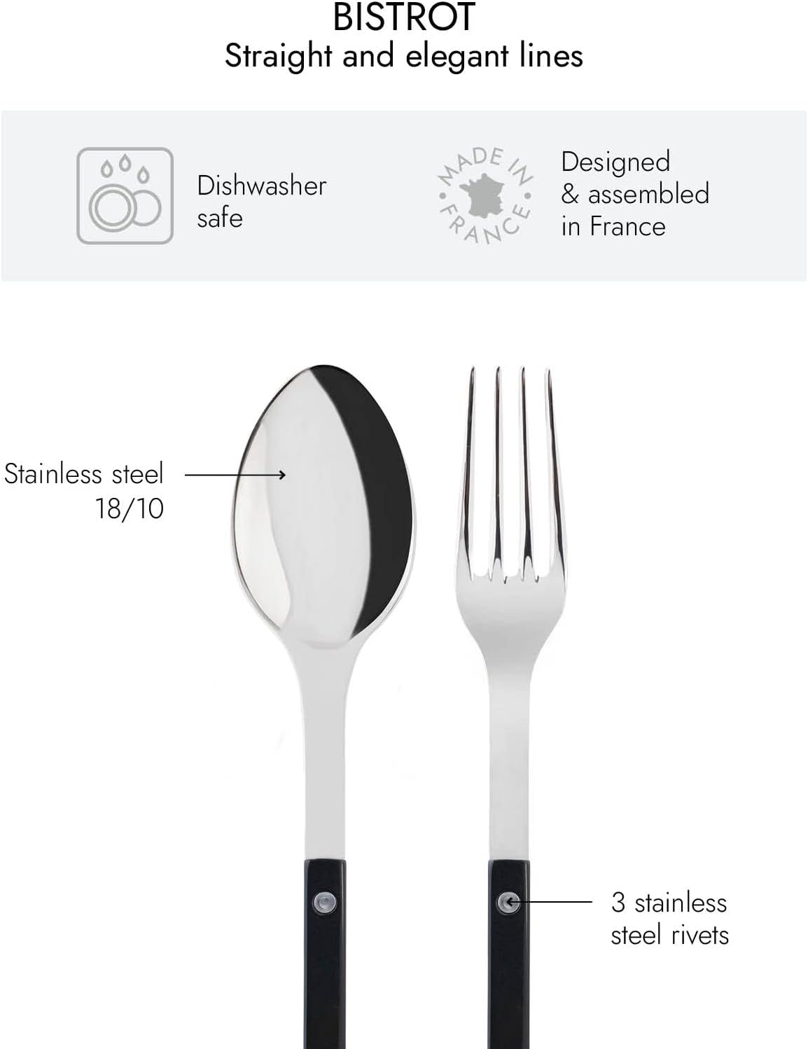 2-Piece Serving Set - Bistrot Collection - Large Stainless Steel & Nylon Fork and Spoon - Dishwasher Safe - Black with Brilliant Finish - Perfect for Restaurants, Catering, and Home Dining
