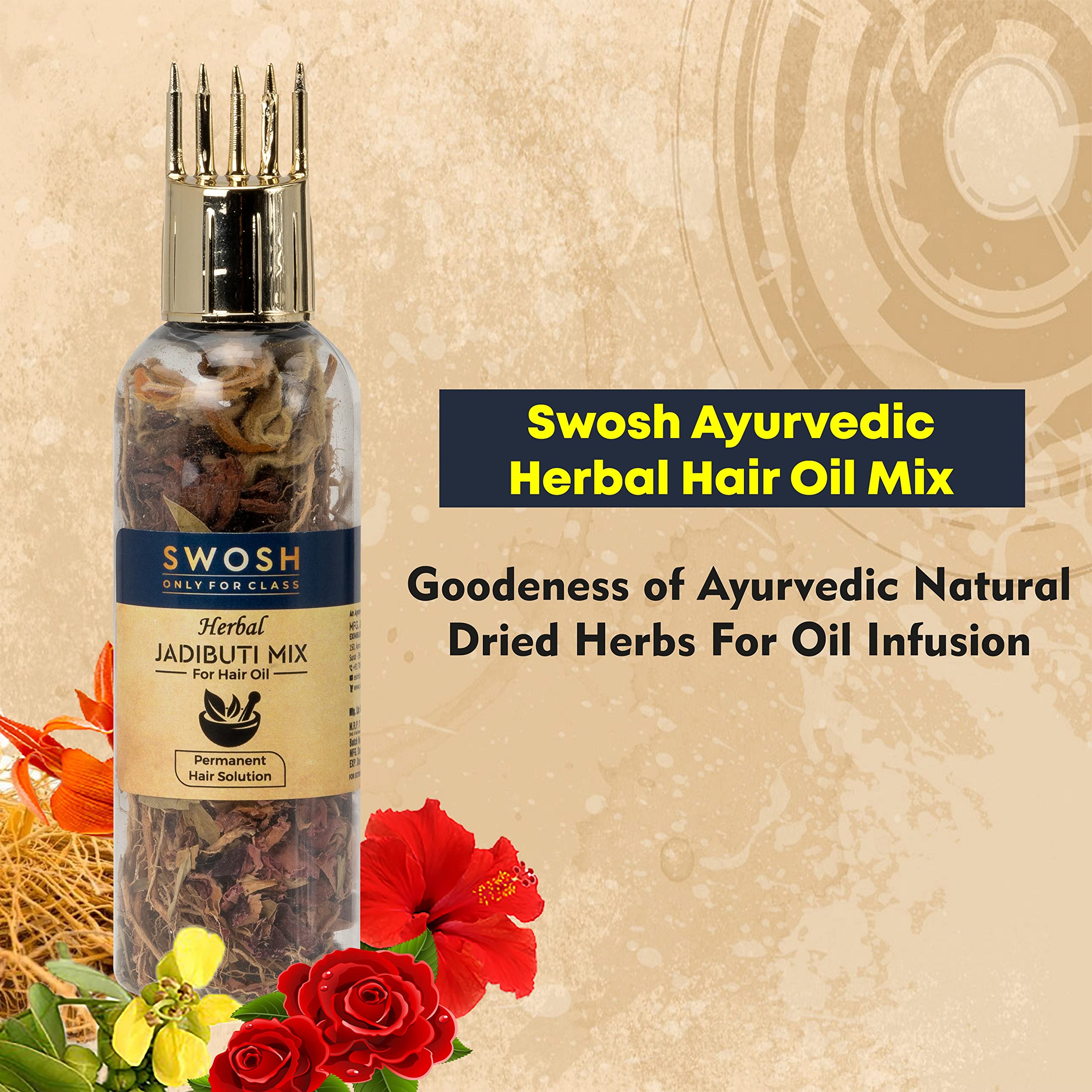 SWOSH Ayurvedic Herbal Hair Oil - 10g Dry Jadibuti Mixture with Vetiver Roots, Jasud, Rose Petals, Kesudo & Senna Leaves | Includes Hair Oil Applicator Bottle | Promotes Hair Growth & Scalp Health | Perfect for Dry, Damaged Hair & Daily Hair Care Routine