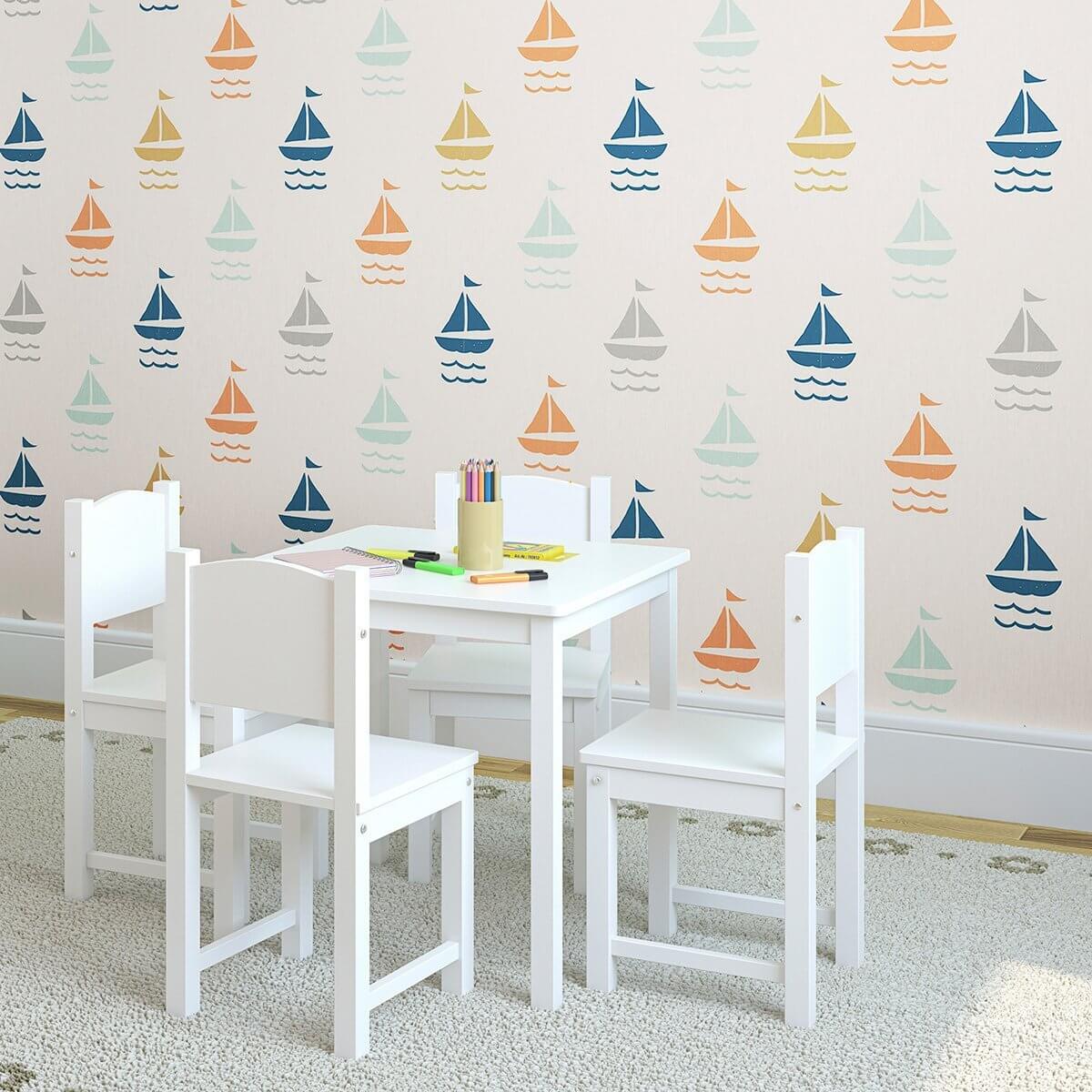 White and Orange Boats Baby Peel and Stick Removable Wallpaper 6023 - Easy DIY Nursery Decor for Kids' Room & Playroom