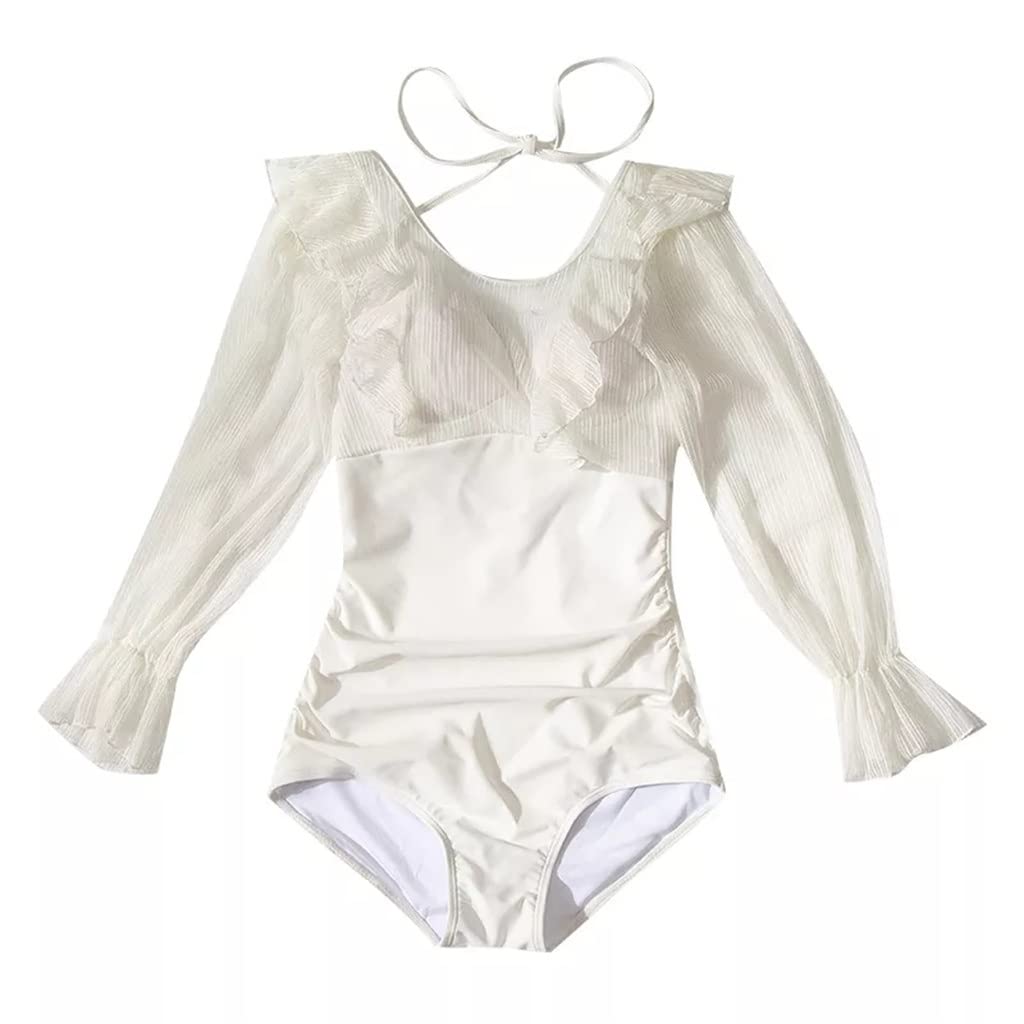 WYBFZTT-188 Women's Sexy Backless One Piece Swimsuit - Long Sleeve Ruffle Mesh Bathing Suit for Beach & Pool - White X-Large | Perfect for Summer Vacations, Swim Parties & Tropical Getaways