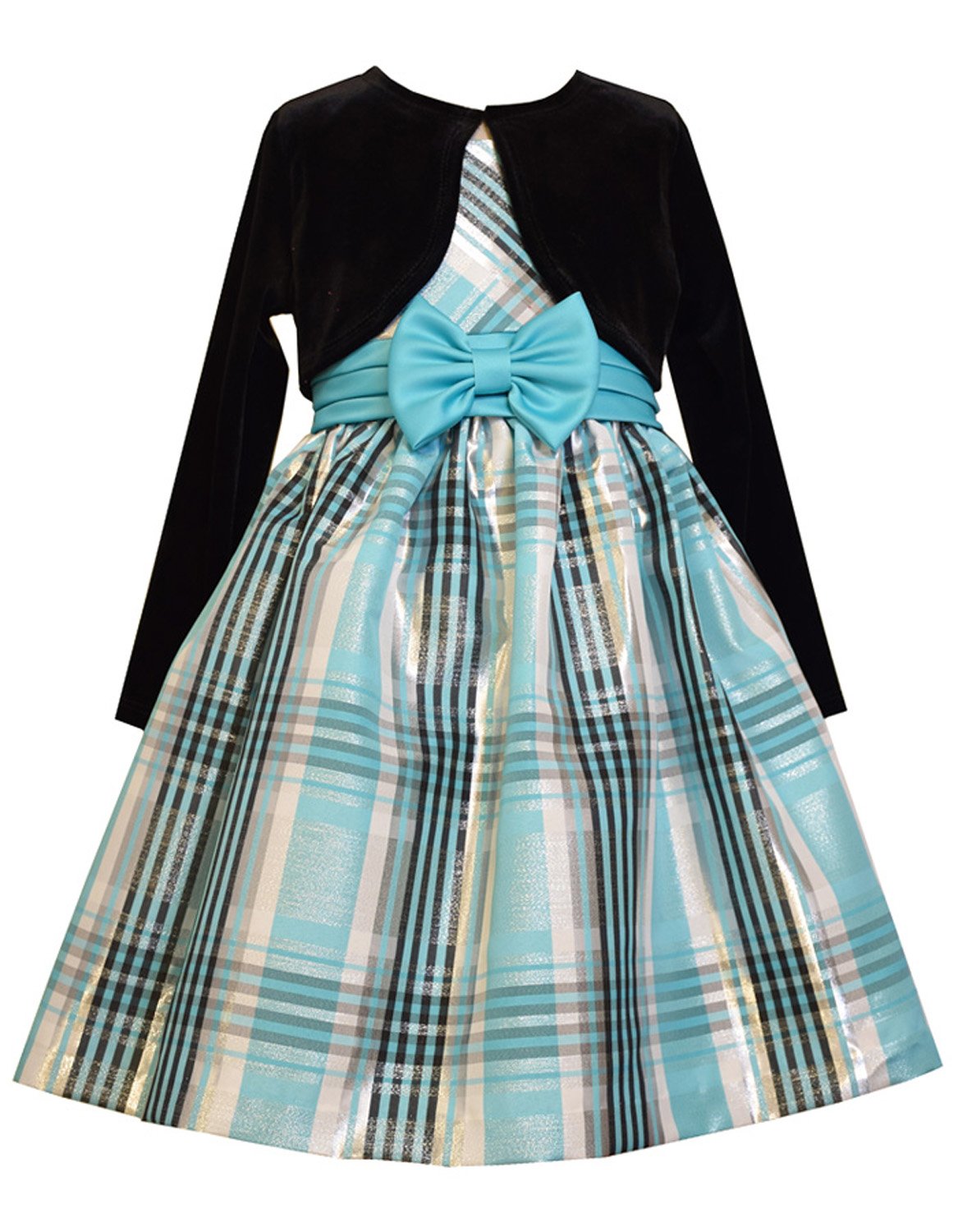 Girls 2T-16 Turquoise Blue Plaid Taffeta Dress & Cardigan Jacket Set - Perfect for Birthday Parties, Easter, Christmas & Special Occasions