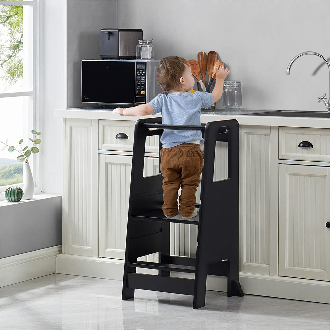 **Adjustable Wooden Learning Tower for Toddlers - Safe Kitchen Step Stool with Non-Slip Platform - Kids Standing Helper for Cooking, Baking & Bathroom Use (Black)**    *优化说明：*   1. **关键词优化**：将核心关键词前置（Adjustable Wooden Learning Tower for Toddlers），符合Google SEO规范。   2. **场景补充**：明确使用场景（Cooking, Baking & Bathroom Use），增强用户需求匹配。   3. **卖点突出**：强调安全性（Safe, Non-Slip Platform）和多功能性（Kitchen & Bathroom）。   4. **简洁清晰**：避免重复词汇（如原标题多次出现Stool/Helper），保持标题流畅。