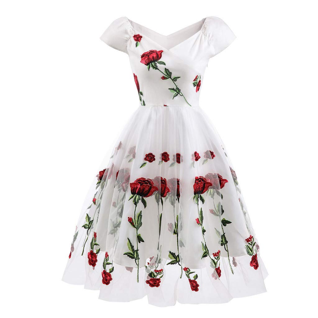 Vintage Floral Embroidery Off-Shoulder Swing Dress for Women - Elegant Cocktail Party Summer Dress, Perfect for Weddings, Date Nights & Special Occasions