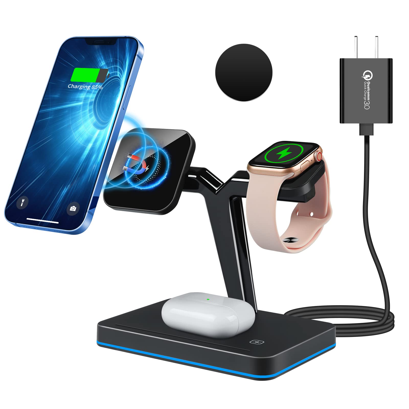 3-in-1 Magnetic Wireless Charging Station for iPhone 13/12/11 Series, Apple Watch SE/7/6/5/4/3/2 & AirPods 2/Pro - Fast MagSafe Compatible Charger with Adapter | Perfect for Home, Office & Travel Use