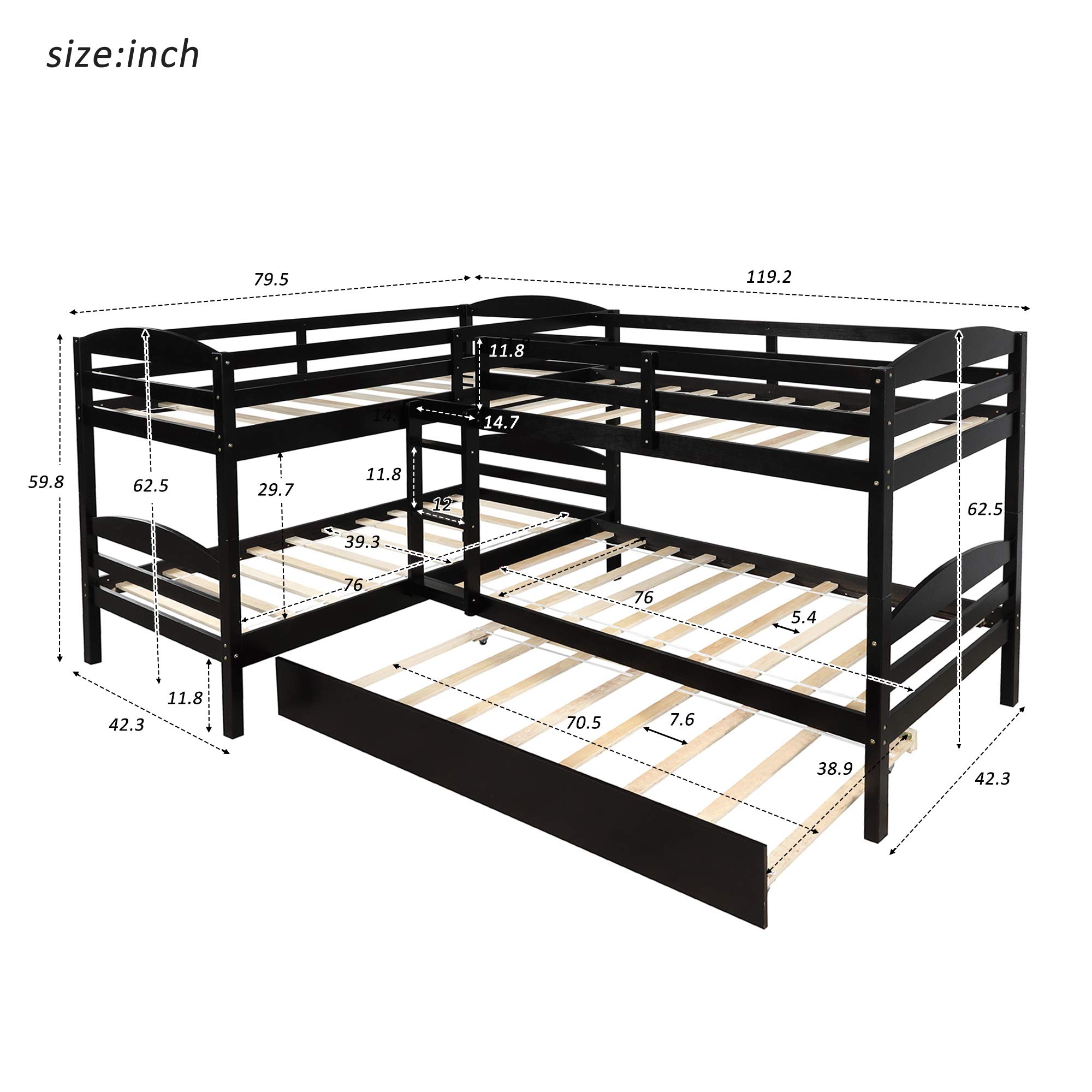 KLMM Solid Wood L-Shaped Bunk Bed with Trundle - Twin Size Bunk Bed Frame with Guardrail & Ladders for Kids & Adults (Espresso) - Space-Saving 5-Person Sleeper for Small Rooms, Guest Rooms & Vacation Homes