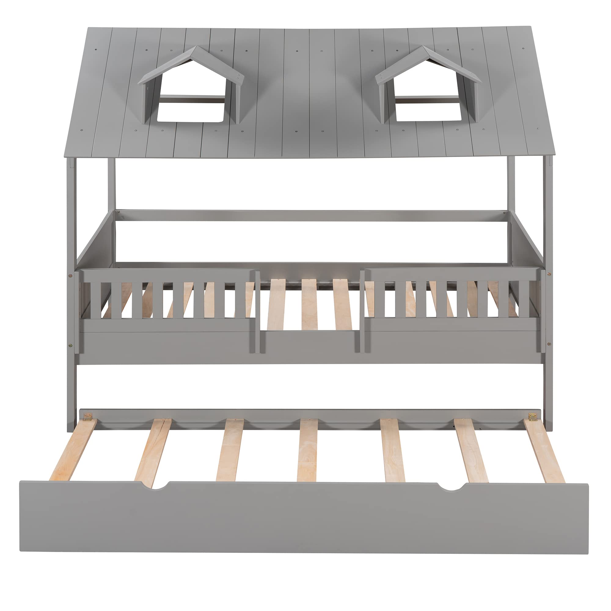 Twin Size Wooden House Bed with Trundle - Kids Daybed Frame with Safety Fence & Roof Design - Easy Assembly for Boys & Girls Bedroom - Perfect for Sleepovers, Playtime & Cozy Naps (Gray+Twin+House#)