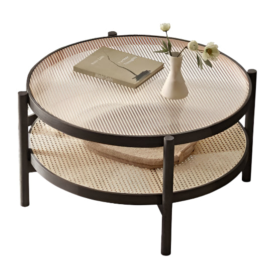 Stylish Oak Solid Wood Coffee Table with Glass Top and Rattan Accents - Perfect for Living Room, Lounge, and Home Decor