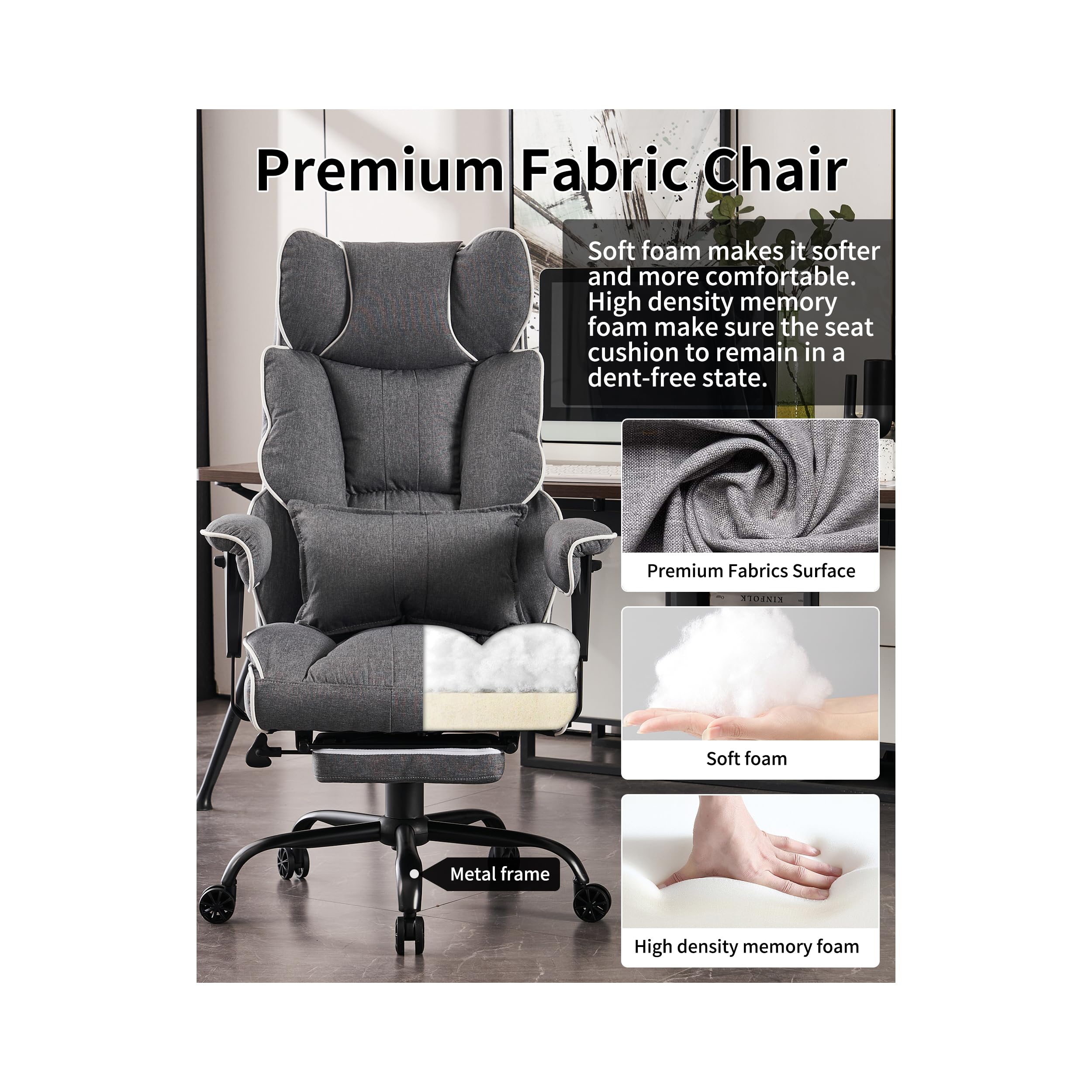 Efomao Fabric Office Chair - Big and Tall Executive Chair with 400 lb Weight Capacity, High Back Ergonomic Design & Foot Rest - Gray - Perfect for Home Office, Gaming, and Back Pain Relief