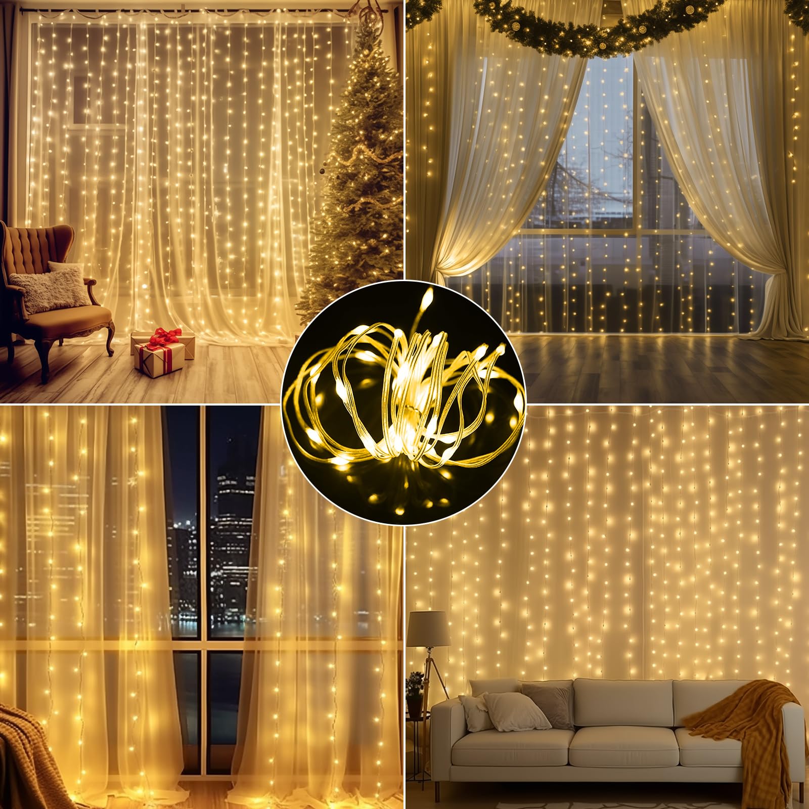 300 LED Battery Operated Waterproof Curtain Lights - 10ft x 10ft Outdoor Twinkle Fairy String Lights with Remote Control & 8 Modes (Warm White) for Bedroom, Porch, Gazebo, Wedding, Party, Garden, Christmas Decorations