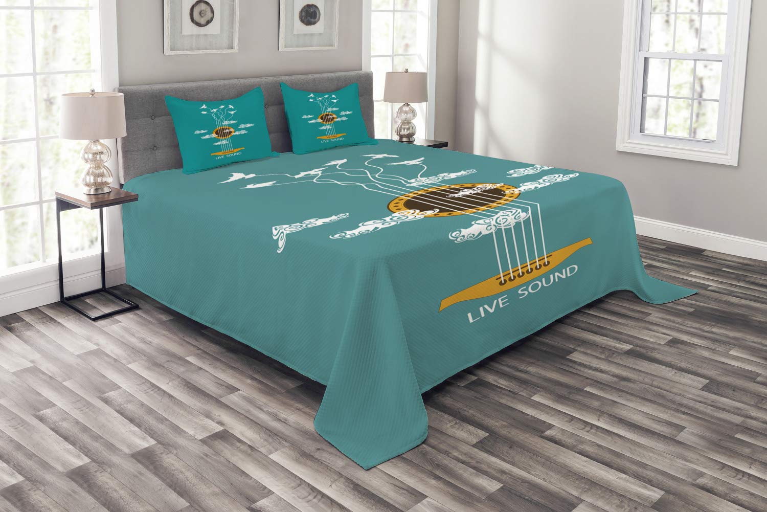 Ambesonne Guitar Bedspread Set - Abstract Music Theme with Birds on Strings & Clouds Design, 3-Piece Decorative Bedding Coverlet & 2 Pillow Shams, Queen Size, Turquoise Marigold White - Perfect for Music Lovers' Bedroom Decor & Bohemian Style Home