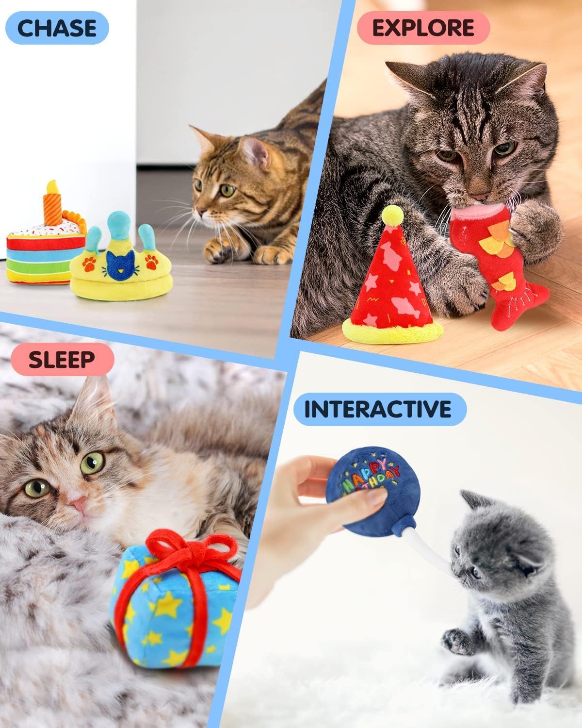 CIYVOLYEEN 6PCS Catnip Toys for Cats - Birthday Themed Interactive Kitten Toys with Plush Fish, Cake & Crown - Perfect Cat Litten Gift for Cat Lovers | Great for Playtime, Chewing & Kicking Fun