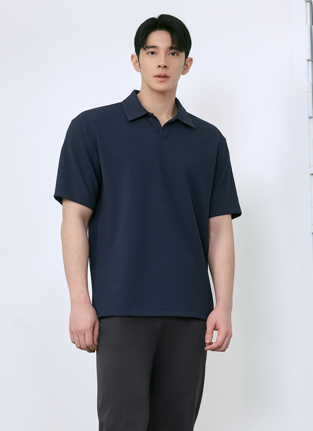 Waffle Texture Open Collar Men's Short Sleeve T-Shirt - Breathable Summer Casual Tee for Outdoor Activities and Daily Wear