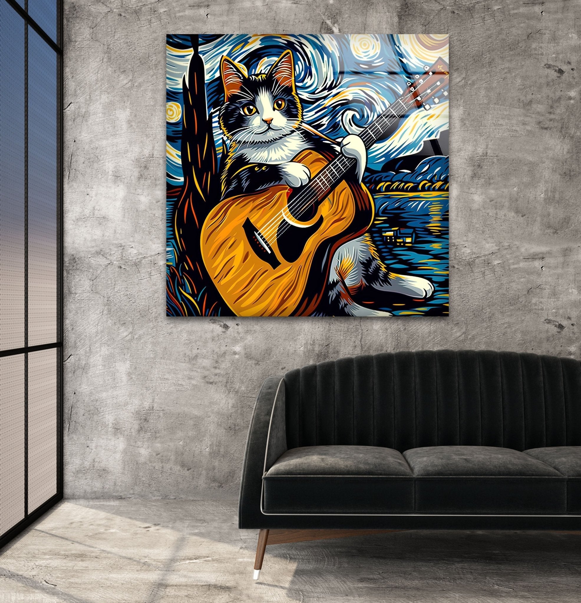 Adorable Cat Playing Guitar Glass Wall Art - Unique Home Decor for Living Room, Bedroom & Office - Perfect Gift for Cat Lovers