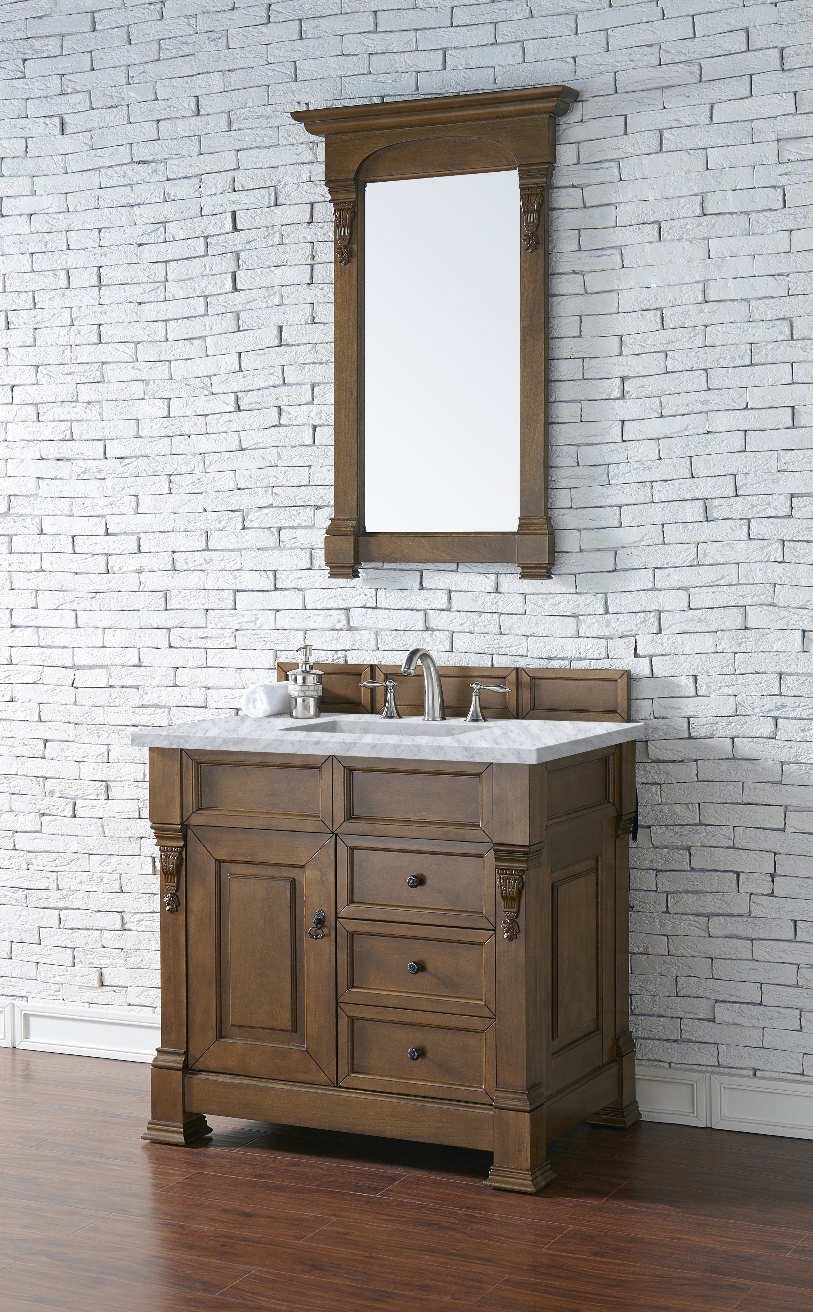 Brookfield 36 Inch Single Bathroom Vanity Set - Country Oak Finish with 3CM Carrara Marble Countertop | Perfect for Modern Farmhouse & Traditional Bathroom Decor