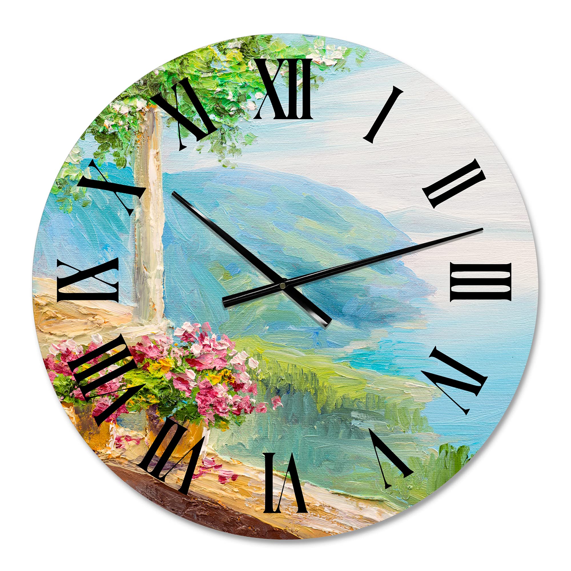 DesignQ Nautical Coastal Wall Clock - Round Blue Sea House with Flowers Decor for Bedroom, Living Room, Office | Perfect Beach House & Coastal Home Decor Gift