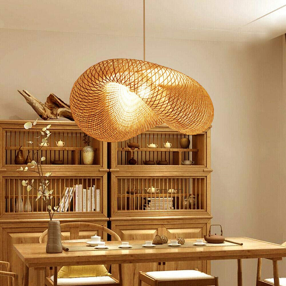 Antique Rattan Pendant Light - Adjustable Weave Wooden Ceiling Fixture with E27 Socket for Dining Room, Living Room & Restaurant Decor - Natural Woven Lantern Lighting for Vintage & Boho Style Interiors