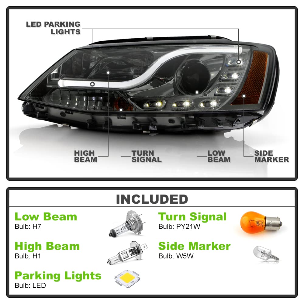 ACANII Smoked Lens LED DRL Projector Headlights for 2011-2017 Volkswagen Jetta MK6 - Halogen Replacement - Upgrade Your Car's Style & Night Visibility