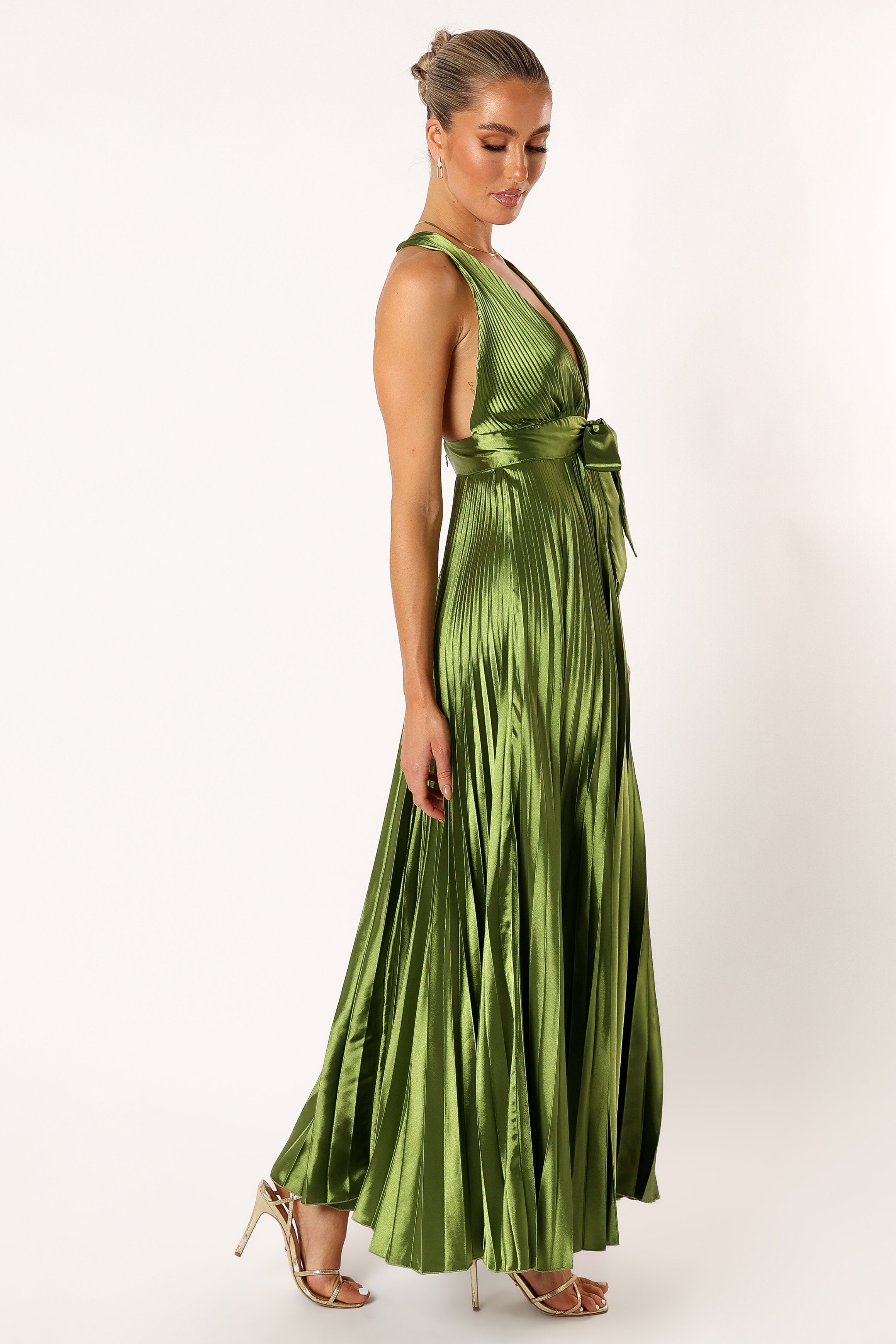 Kris Pleated Maxi Dress for Women - Elegant Olive Green Flowy Long Dress with Side Slits | Perfect for Cocktail Parties, Weddings & Evening Events