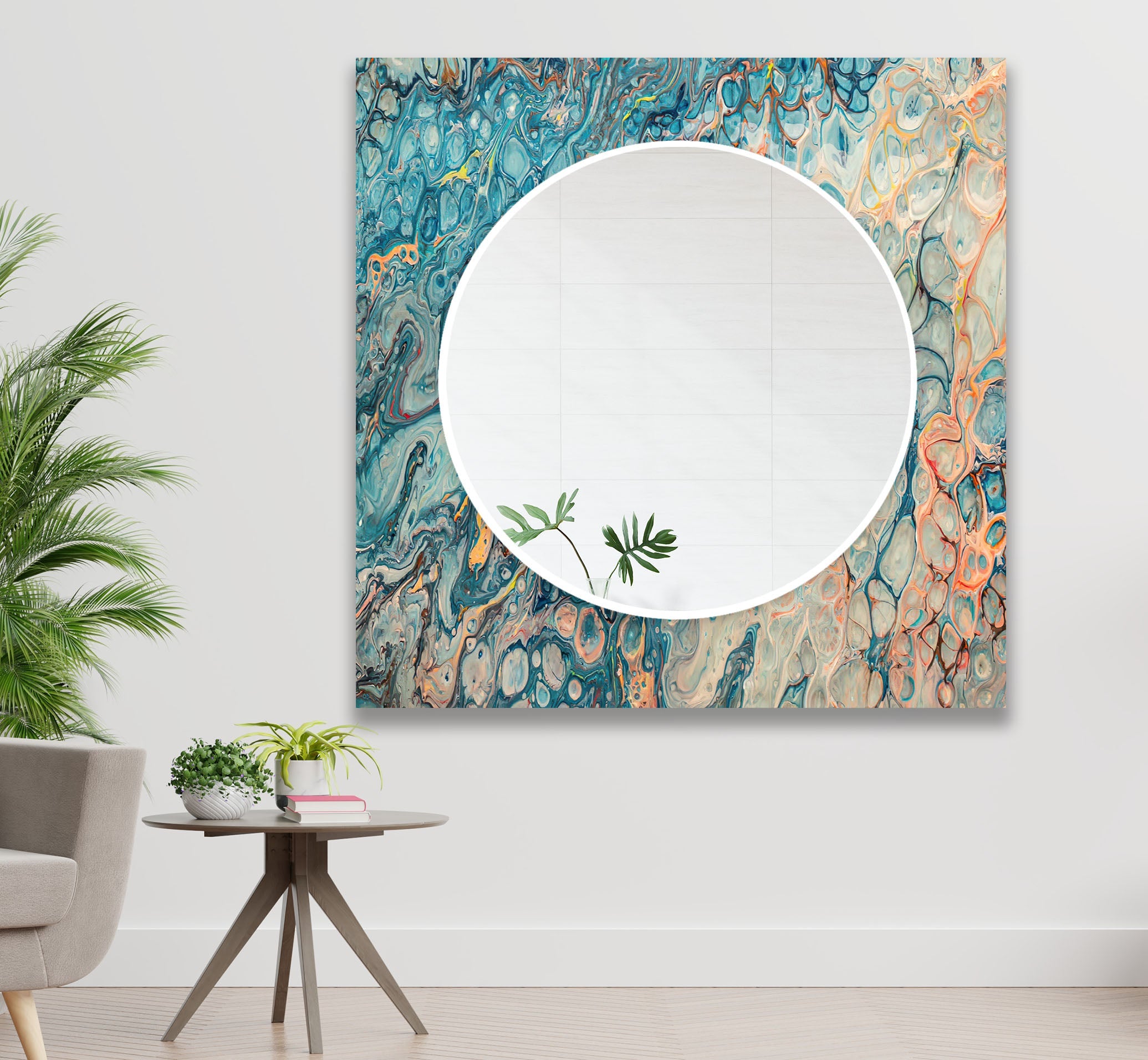 Blue & Beige Abstract Wall Mirror - Modern Decorative Round Mirror for Living Room, Bedroom, Entryway - Boho Home Decor Accent Piece for Wall Hanging