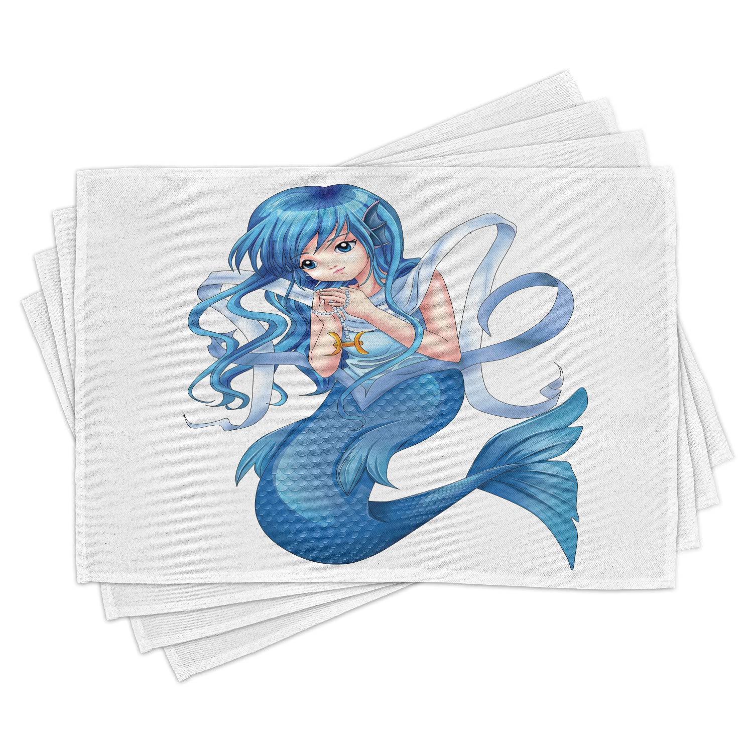 Ambesonne Anime Place Mats Set of 4 - Manga Cartoon Pisces Zodiac Themed Washable Fabric Placemats for Dining Table & Kitchen Decor (Blue & White) - Perfect for Anime Fans, Horoscope Lovers & Japanese Style Home Decor