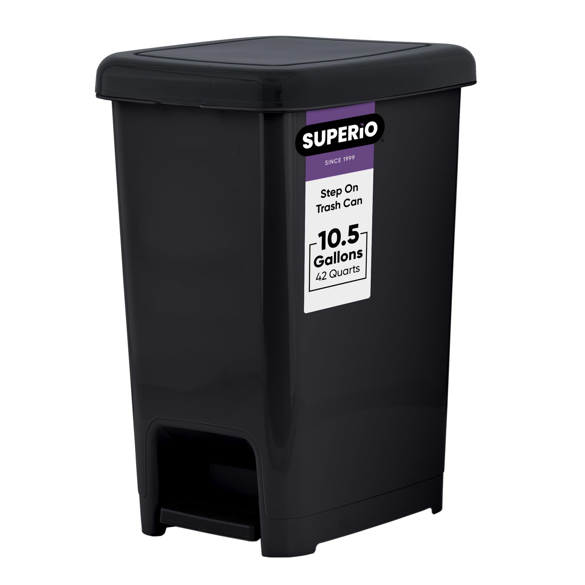 Superio 10.5 Gallon Slim Step-On Trash Can with Lid - Black Plastic Garbage Bin for Kitchen, Bathroom, Office, Bedroom, Dorm & Patio - Hands-Free Foot Pedal Design for Easy Disposal & Odor Control