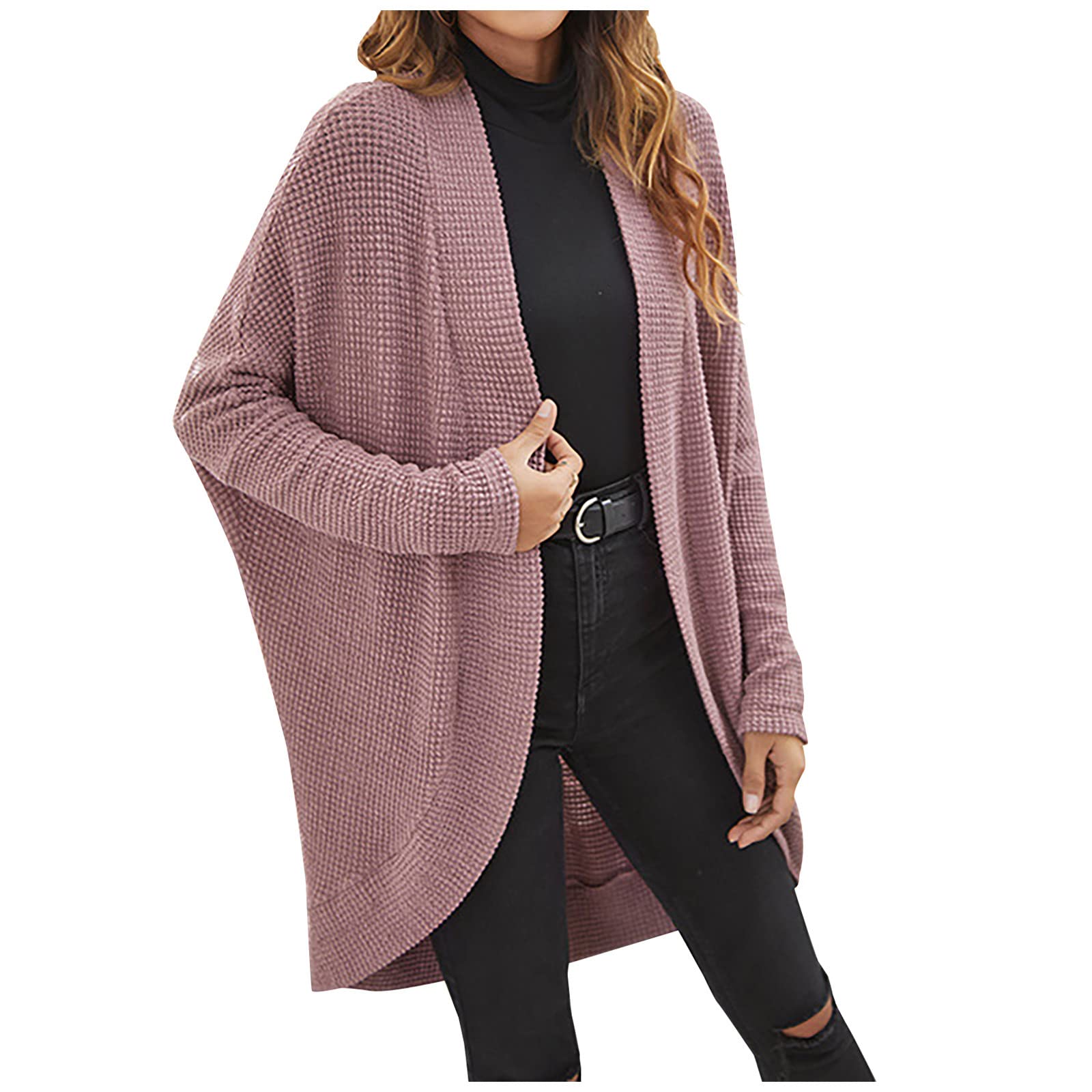 Women's Loose Open Front Long Sleeve Cardigan - Solid Color Waffle Knit Sweater Blouse | Casual Comfy Coat for Fall & Winter | Perfect for Office, Lounge & Outdoor Wear