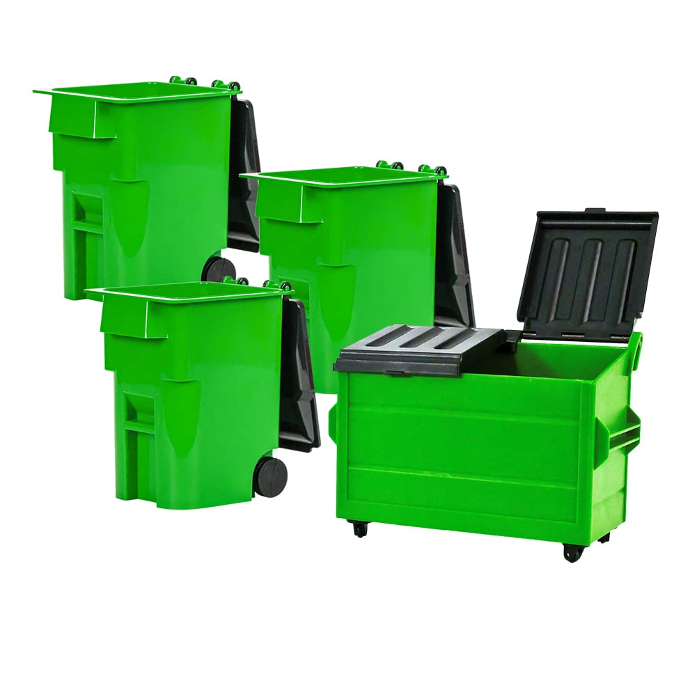 Green Dumpster with Lid & Wheels + 3 Green Trash Cans - Perfect for Wrestling Action Figures Storage & Play Scenes | Durable Toy Accessories for Kids & Collectors