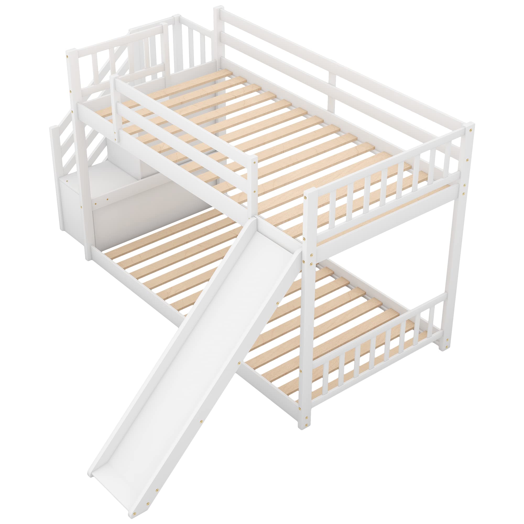 Harper & Bright Designs Twin Bunk Bed for Kids - Wooden Low Bunk Bed with Slide & Stairway - White - Perfect for Kids' Bedroom, Playroom & Space-Saving Solutions