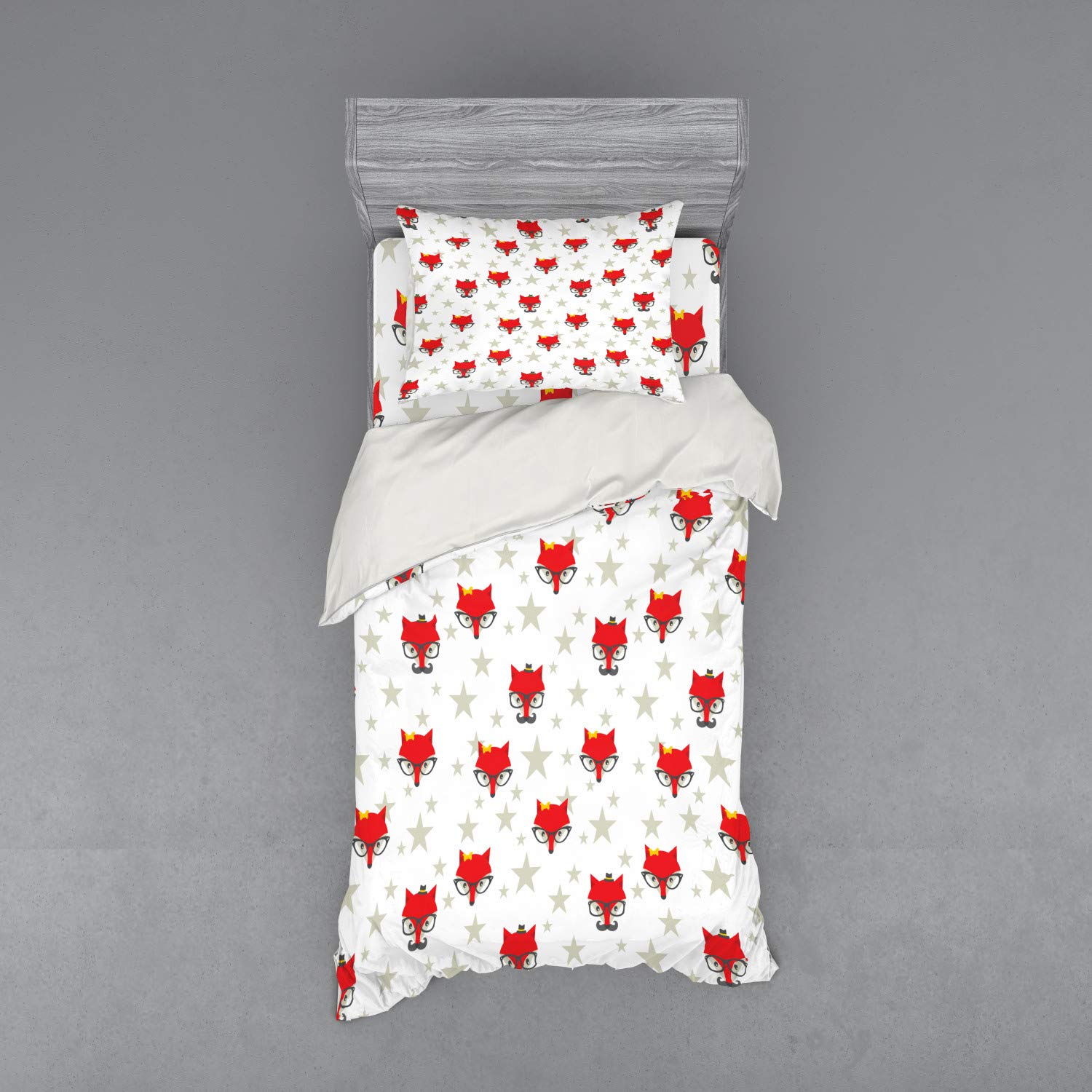 Ambesonne Cartoon Duvet Cover Set - Hipster Foxes with Hats & Glasses on Stars Background, Funny Animal Print 3-Piece Bedding Set with Sham & Fitted Sheet, Twin Size, Coconut Scarlet & Grey - Perfect for Kids' Rooms, Teen Bedrooms & Whimsical Home Decor