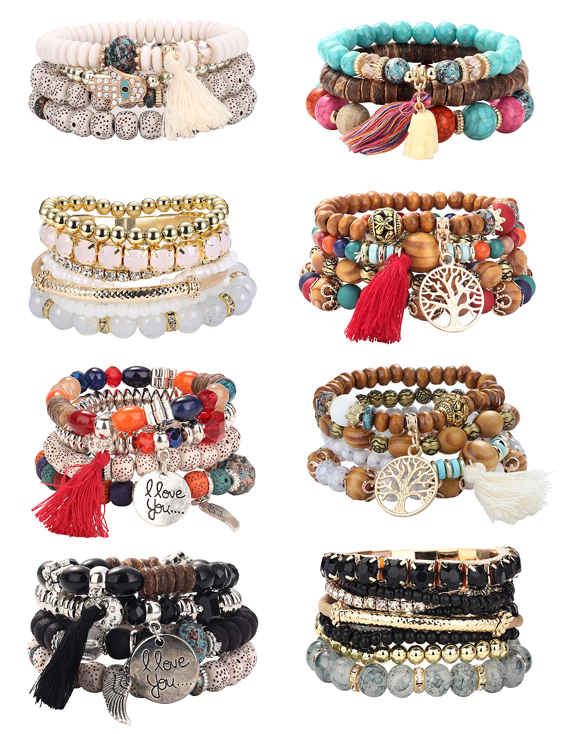 LOYALLOOK 8 Sets Bohemian Stackable Bead Bracelets for Women - Stretch Multilayered Boho Bracelet Set with Colorful Beads, Tassels & Charms | Handmade Jewelry for Festival, Beach, Party & Everyday Wear