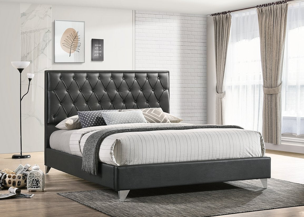 Grey PU Platform Bed with Diamond Pattern Button Details and Chrome Metal Legs - Modern Upholstered Bed Frame for Bedroom, Guest Room, or Dorm
