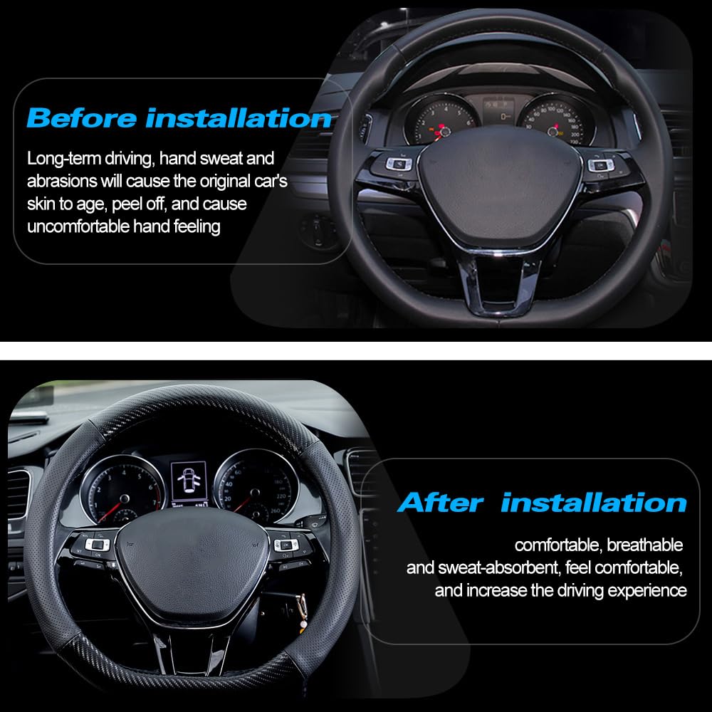 Universal 15-Inch Car Carbon Fiber & Leather D-Shape Steering Wheel Cover - Non-Slip Stylish Black Interior Upgrade for Enhanced Driving Comfort