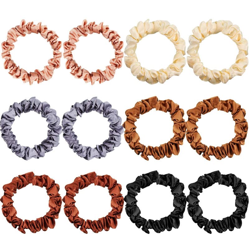 12 Pack Mini Satin Silk Scrunchies for Women - Thin Elastic Hair Ties for Ponytails, Thick & Curly Hair - Soft Skinny Hair Bands Ropes (Multicolor) - Perfect for Workouts, Office, School & Everyday Styling