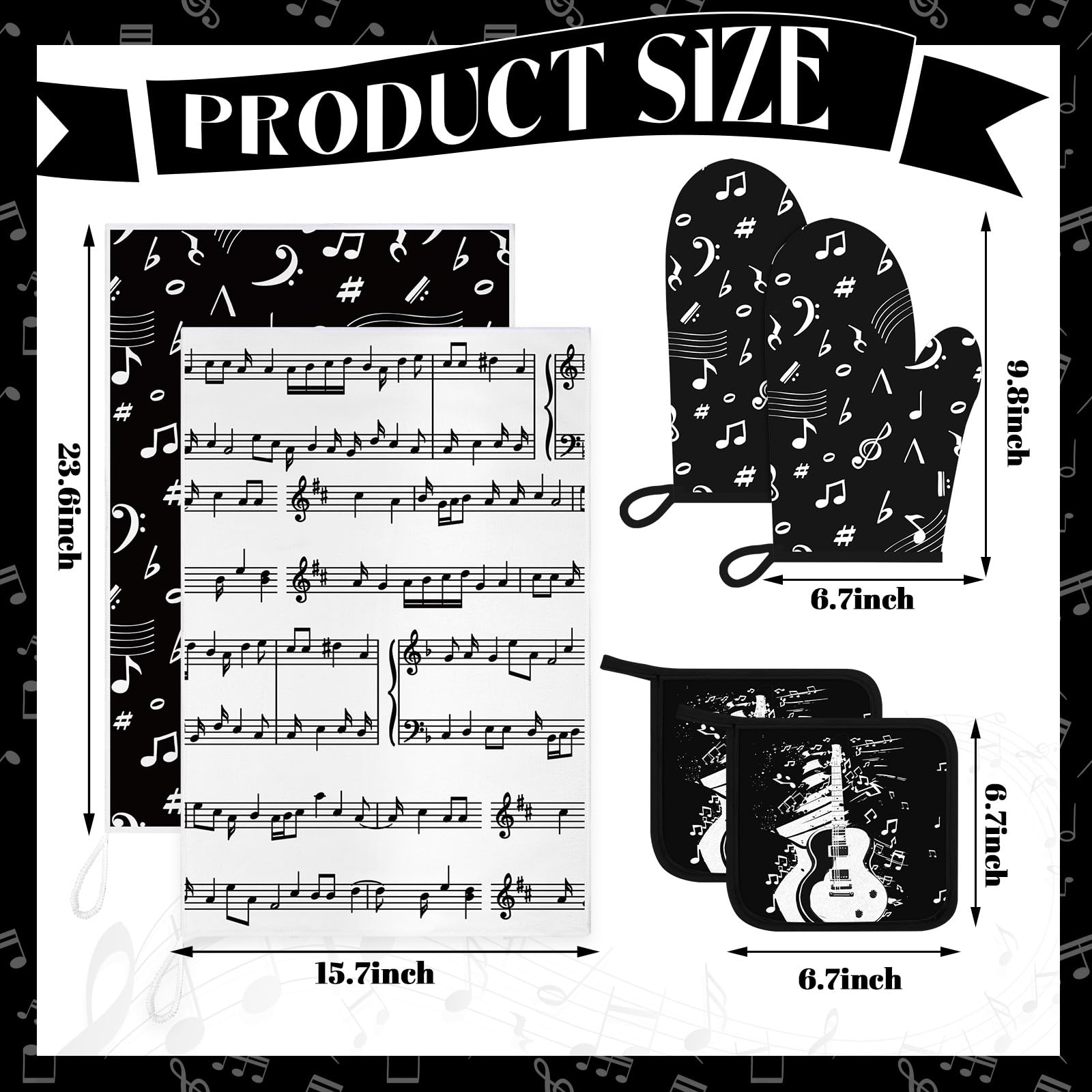 **Leinuosen 8-Piece Kitchen Towel Set - Absorbent Dishcloths, Heat-Resistant Oven Mitts & Pot Holders for Cooking, Baking & Chef Use - Black, White & Music Note Design - Perfect for Home, Restaurant & BBQ**
