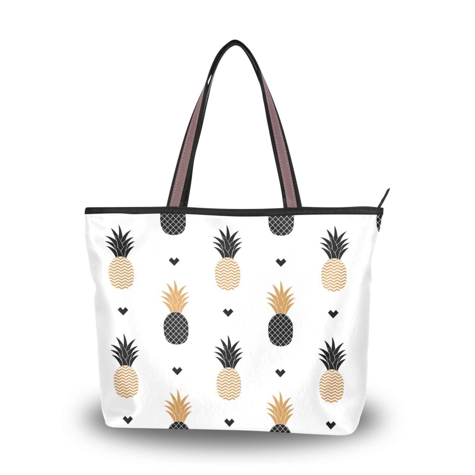 ALAZA Golden Pineapple Print Reusable Tote Bag for Women - Fashionable Zippered Shoulder Handbag, Beach Bag & Travel Tote - Perfect for Shopping, Vacation & Summer Outings