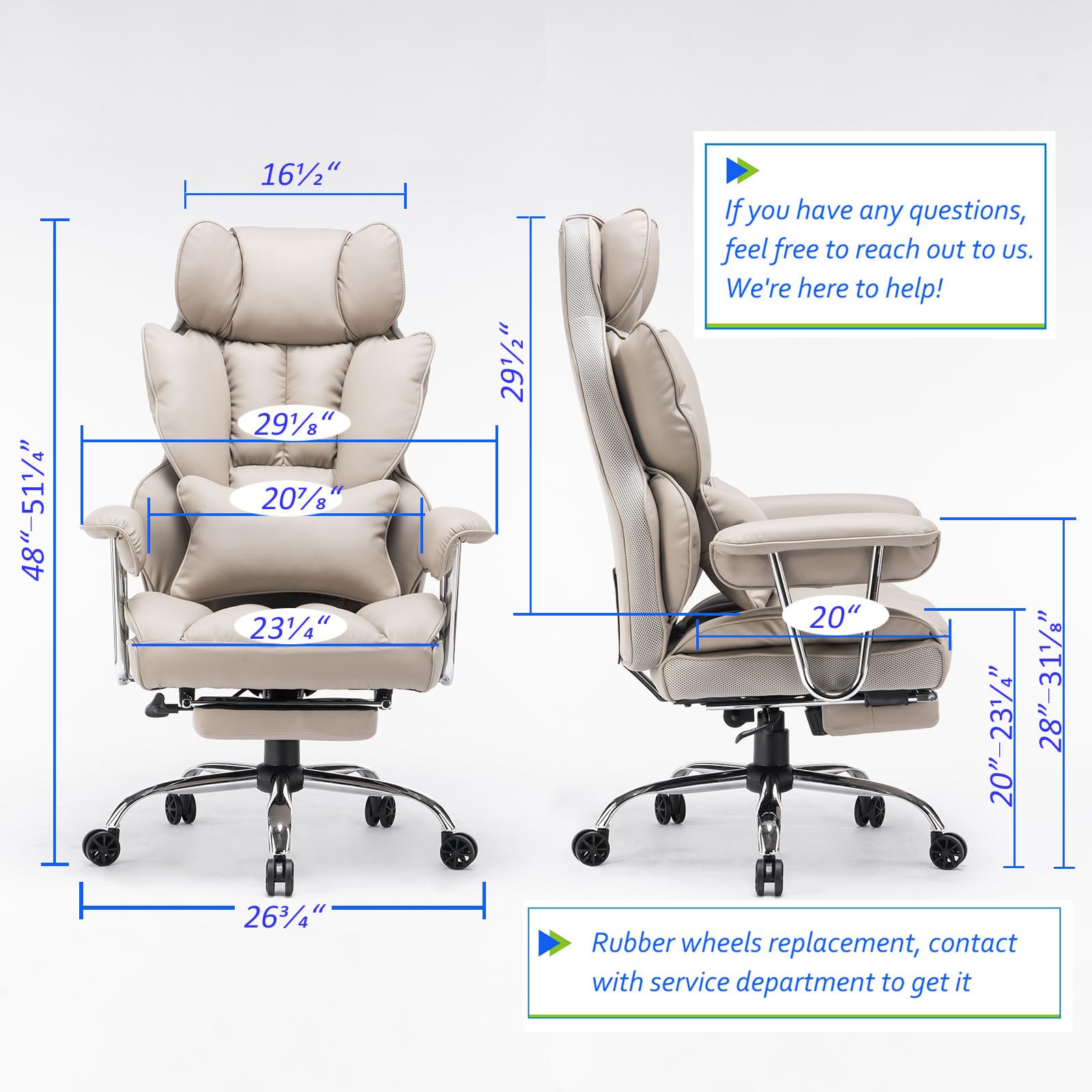 Efomao 400LBS Heavy Duty Executive Office Chair - Big and Tall PU Leather Computer Desk Chair with Adjustable Lumbar Support & Footrest - Grey Ergonomic Swivel Chair for Home Office, Gaming, and Workspace