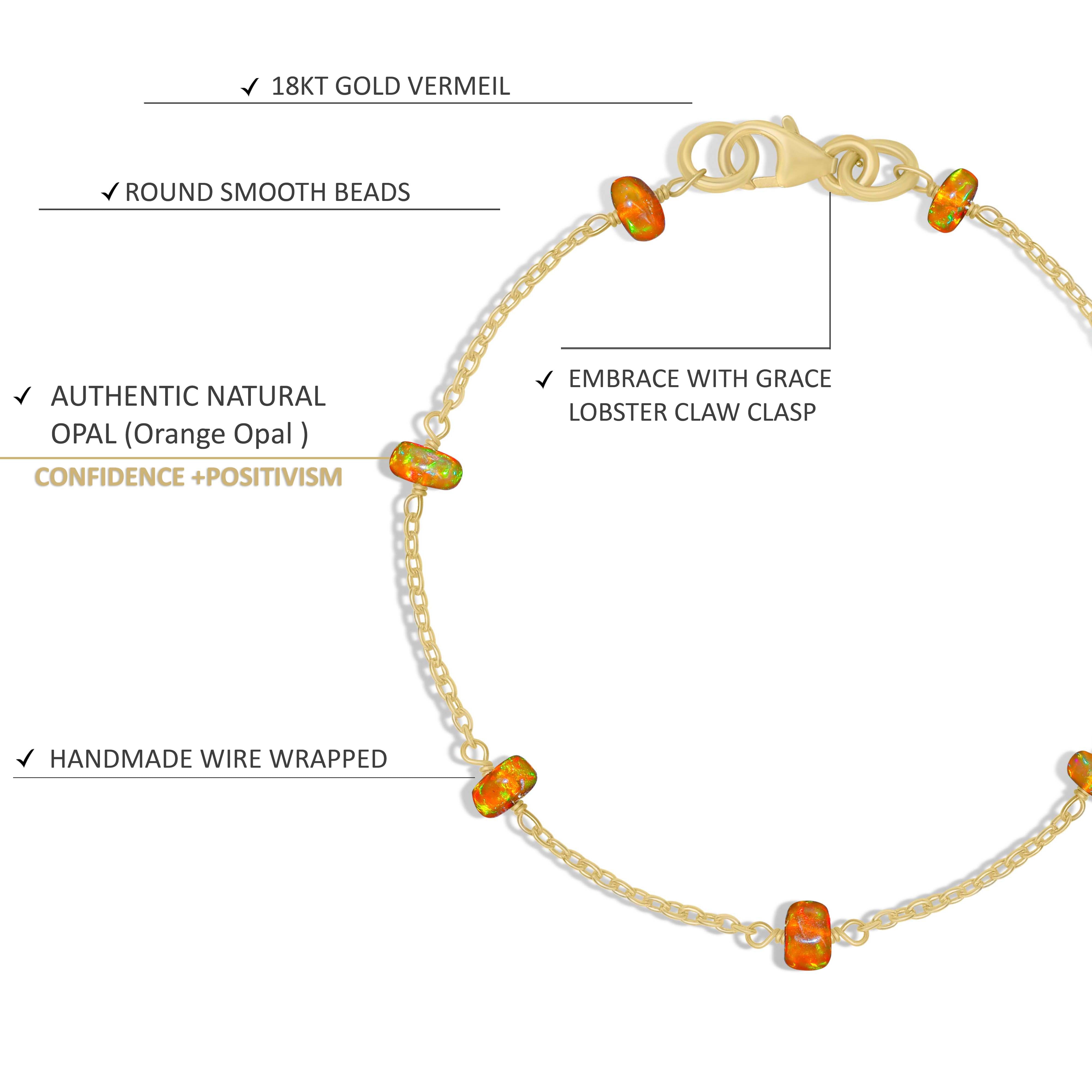 Organic Orange Opal Beads 6-8 Inch Adjustable Chain Bracelet for Women - Boho Chic Jewelry for Casual Wear, Layering & Gift Giving