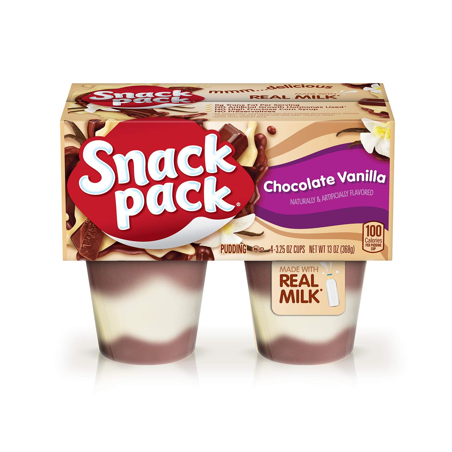 Delicious Chocolate & Vanilla Pudding Cups - Snack Pack Pie Pudding 13 Oz (4 Count) | Perfect for Lunchboxes, Desserts & Quick Snacks