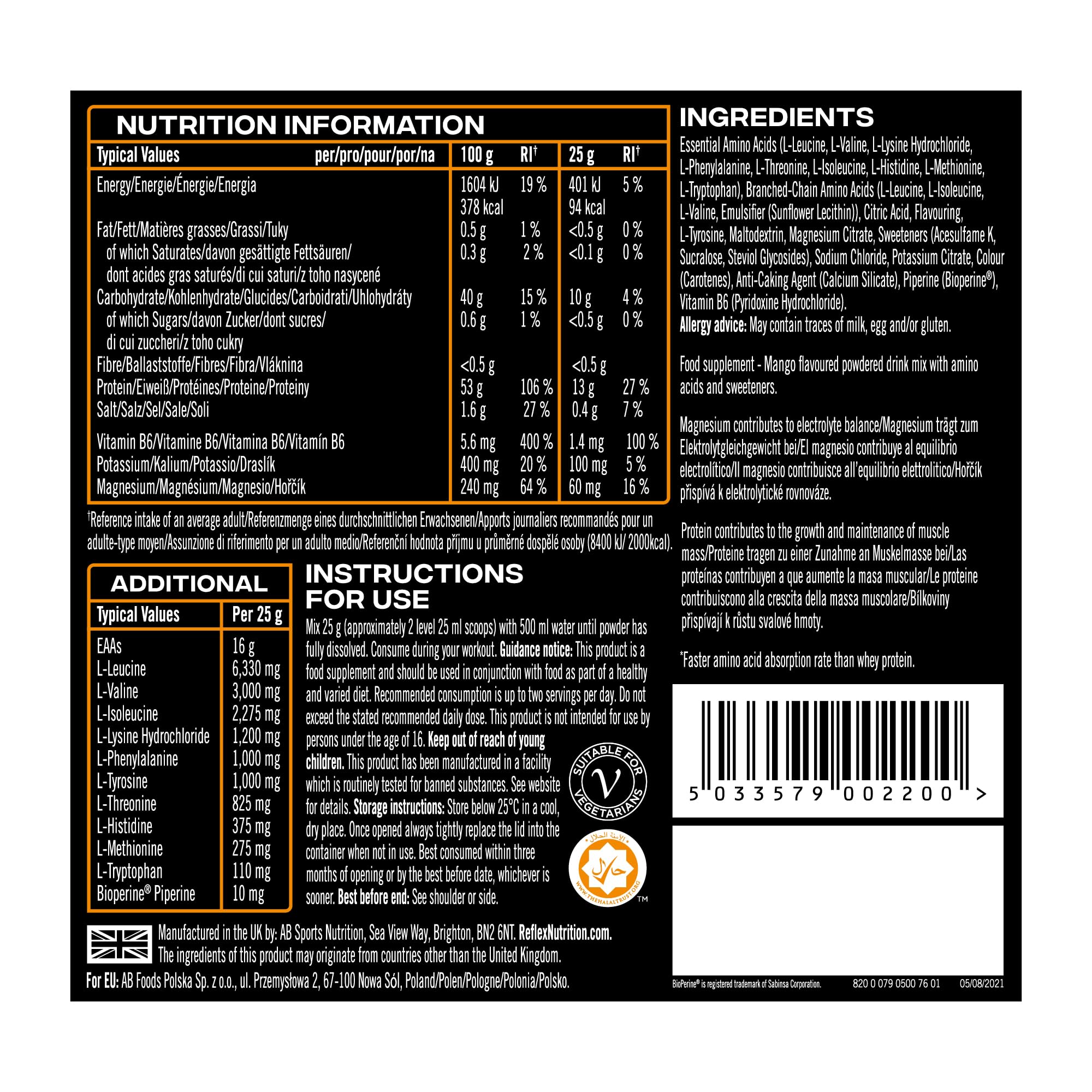 Reflex Nutrition EAA - Complete Essential Amino Acids Powder with BCAAs, Vitamin B6 & Electrolytes - 16g EAAs per Serving for Muscle Growth, Recovery & Endurance - Mango Flavor (500g, 20 Servings) - Perfect for Post-Workout, Gym Training & Athletic Performance