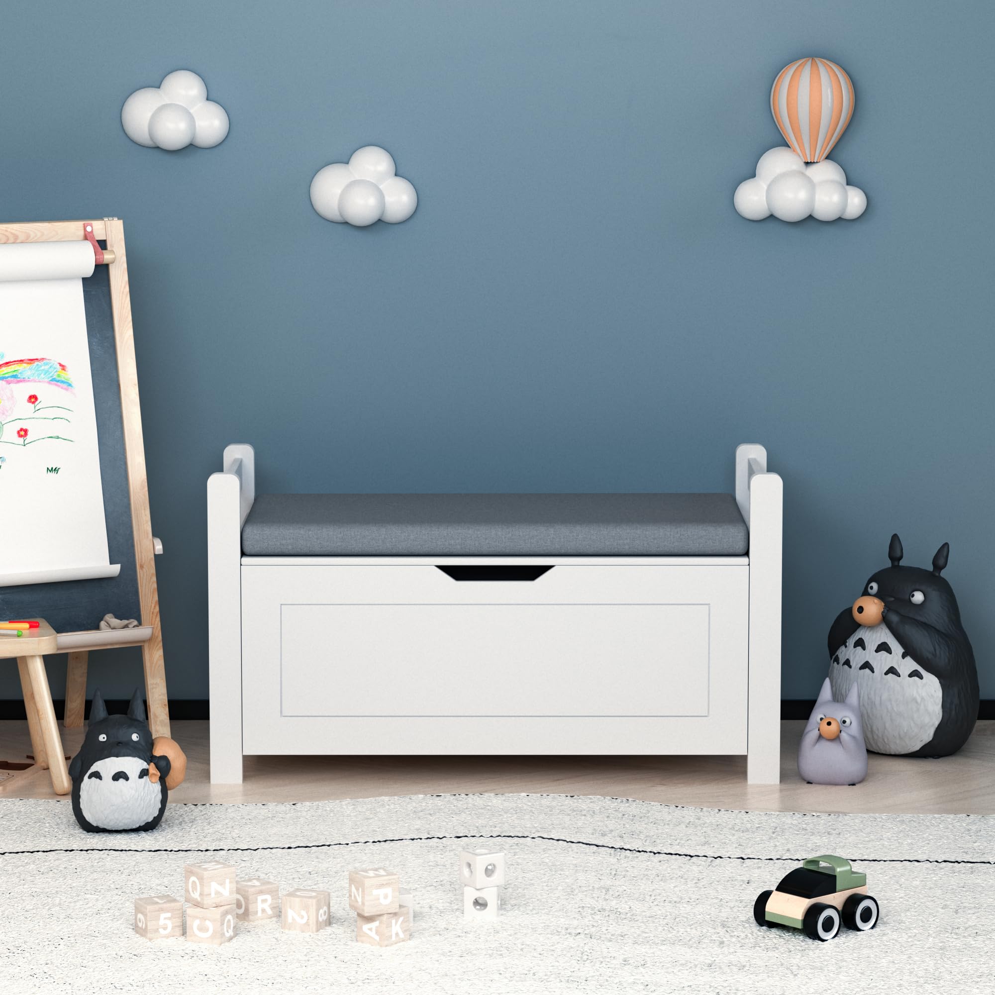 **Kids Wooden Toy Chest with Safety Hinged Lid - Children's Toy Storage Organizer, Playroom Furniture for Boys & Girls (White with Cushion) - Perfect for Bedroom, Nursery, or Playroom Organization**