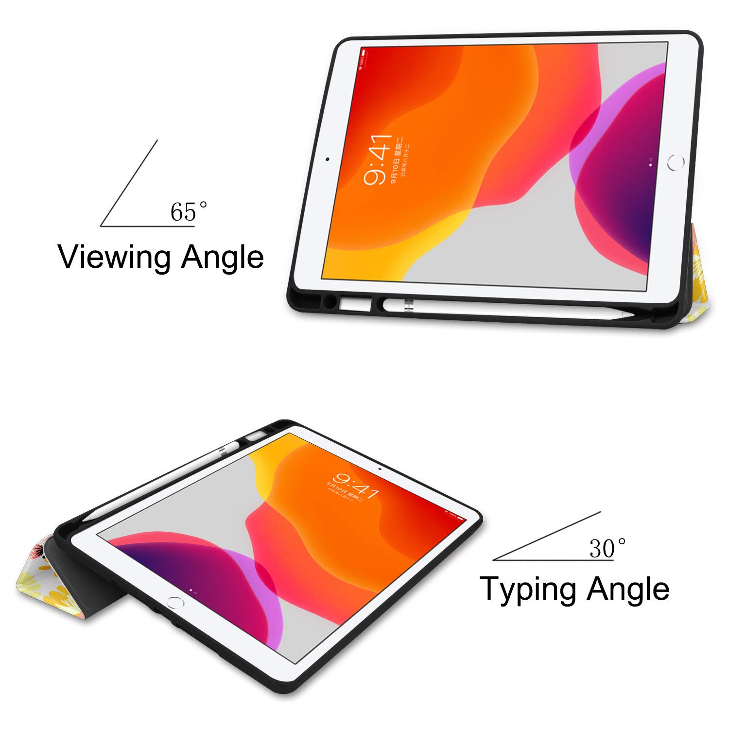 Batianda Lightweight PU Leather Trifold Stand Case with Pencil Holder for iPad 10.2 Inch (8th/7th Generation 2020 & 2019) - Auto Wake/Sleep Function, Watercolor Flower Design - Perfect for Work, Study & Travel Protection