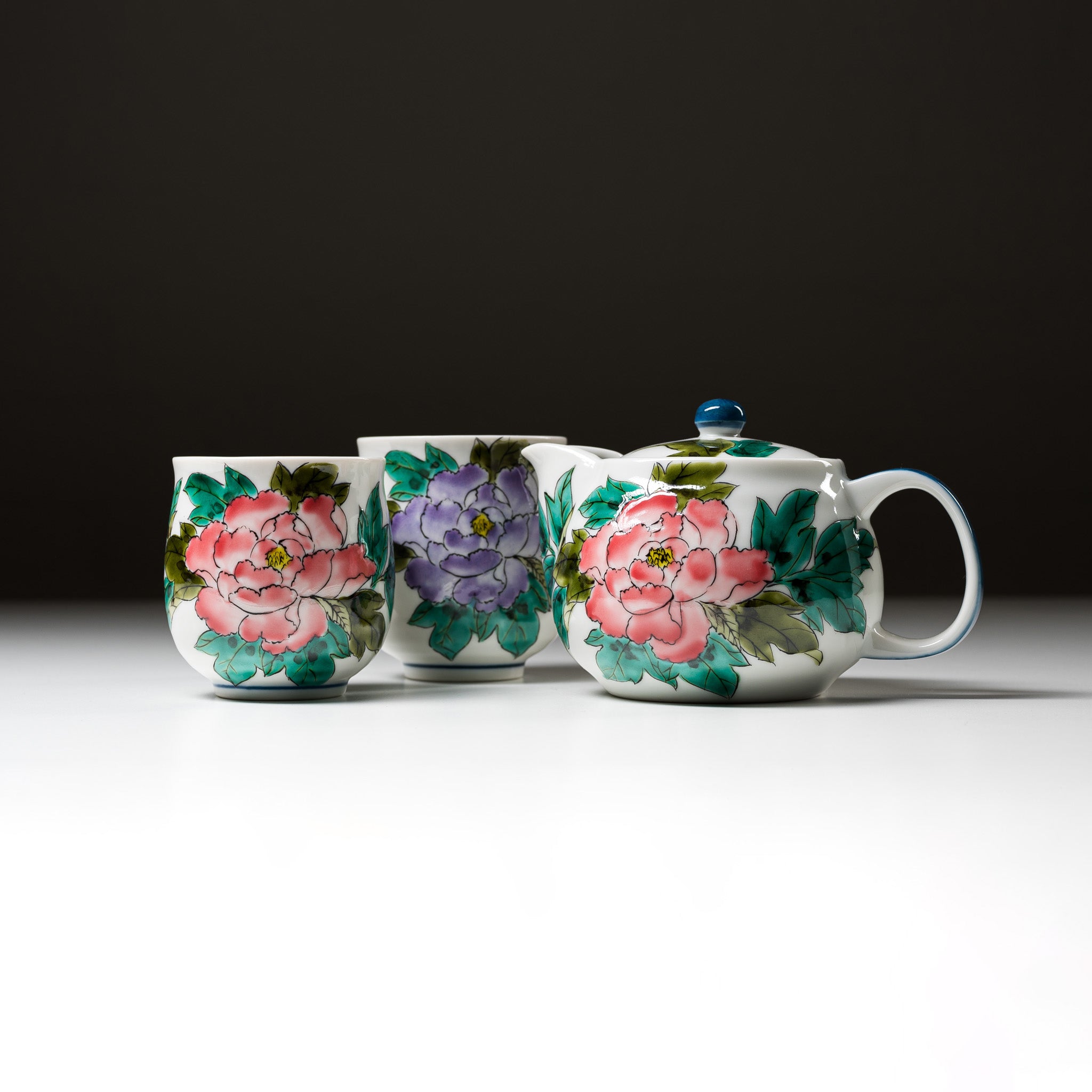Premium Kutani Ware Japanese Tea Set with Peony Design - Authentic Hand-Painted Ceramic for Matcha, Green Tea & Home Decor