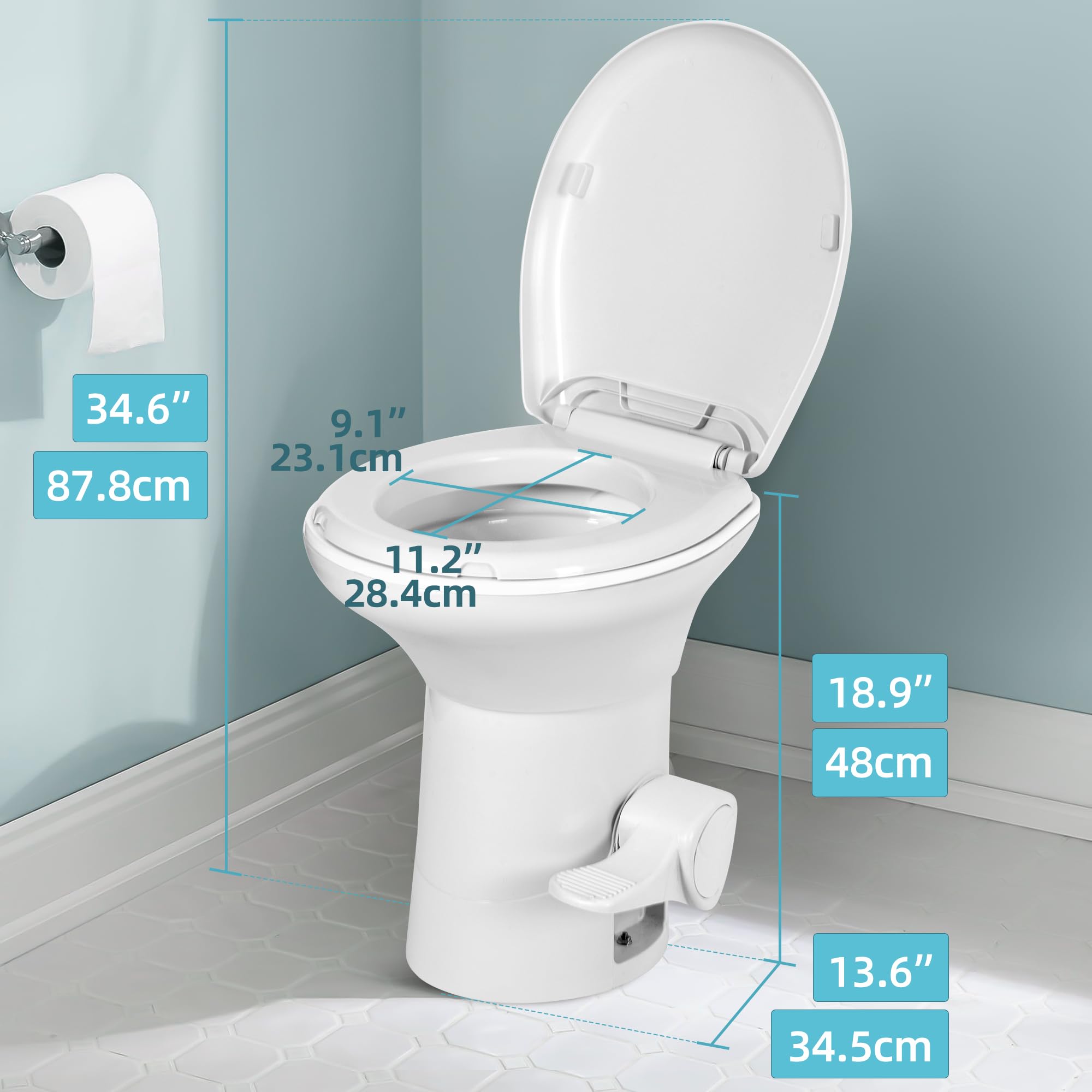 YITAMOTOR RV Toilet with Porcelain Bowl & Pedal Flush - High Profile Gravity Flush Toilet with Hand Sprayer for Motorhome, Caravan & Travel Trailers | Compact & Durable Plastic Toilet for Road Trips & Camping Adventures