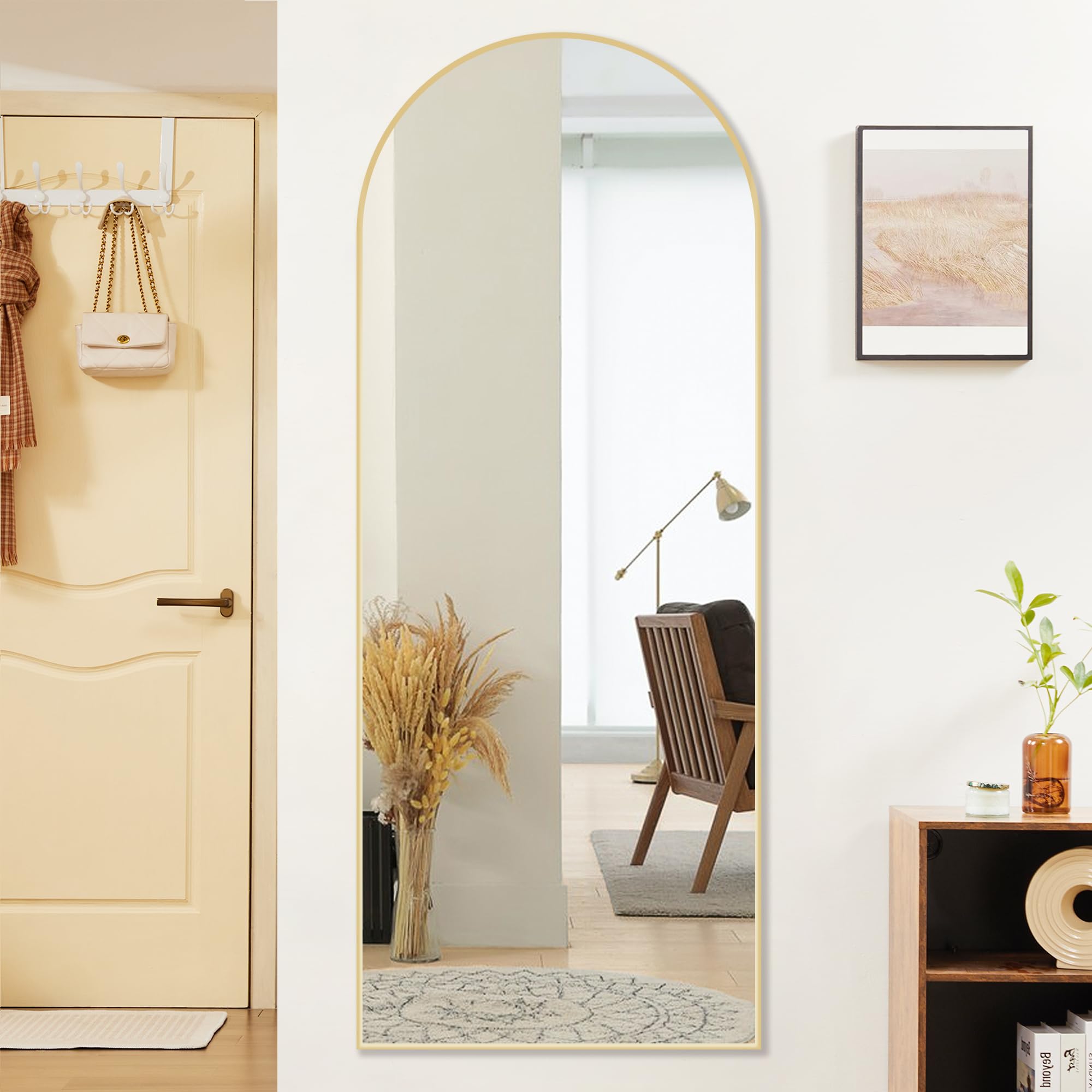 Sweetcrispy 64x21 Inch Arched Full Length Mirror - Gold Aluminum Alloy Thin Frame Standing or Leaning Full Body Mirror for Bedroom, Dressing Room & Entryway | Perfect for Outfit Checks, Selfies & Home Decor