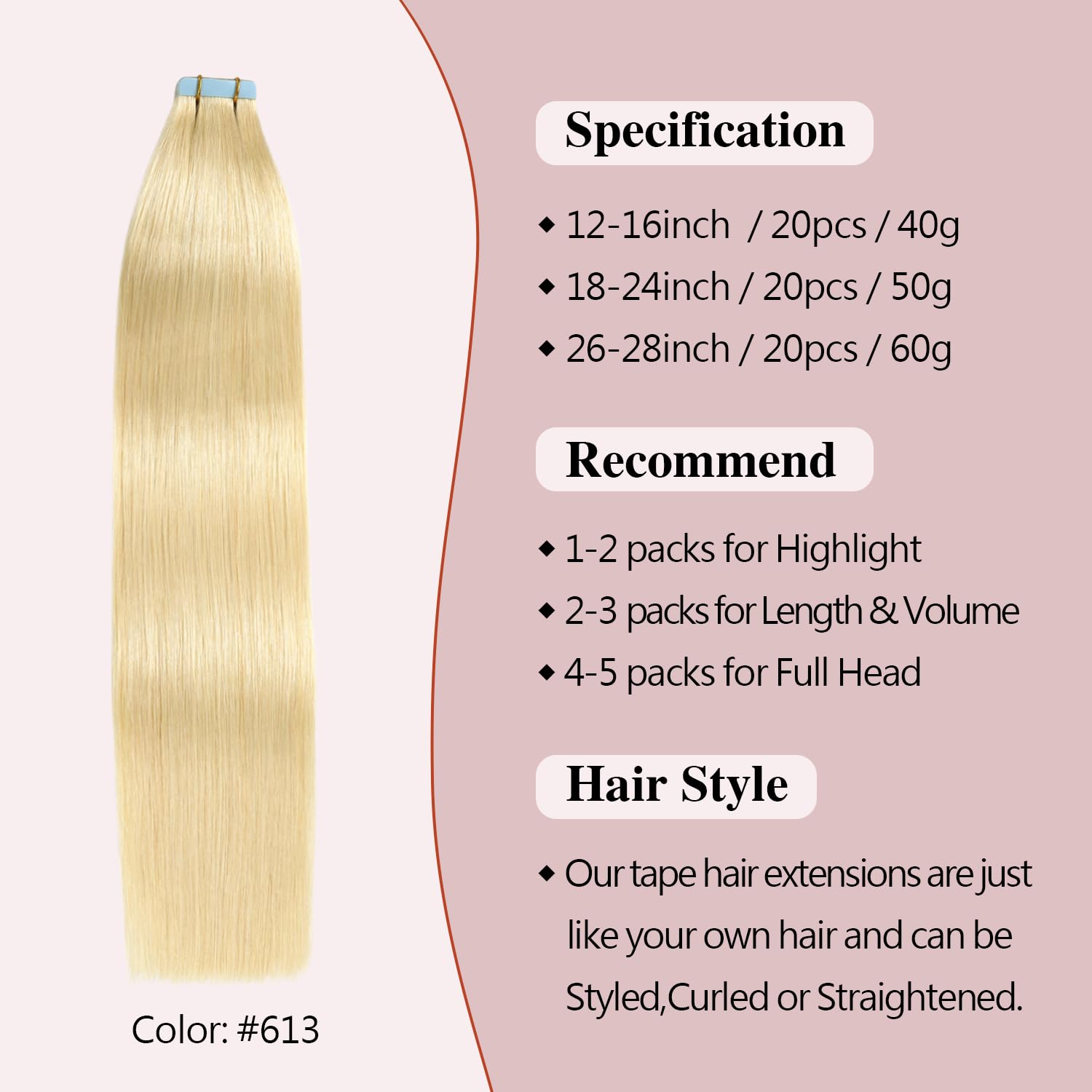 Sunya 18-Inch Tape in Hair Extensions – 100% Remy Human Hair, Silky Straight, Seamless Skin Weft, #613 Bleach Blonde, 50g (20Pcs/Pack) – Perfect for Daily Wear, Parties & Special Occasions
