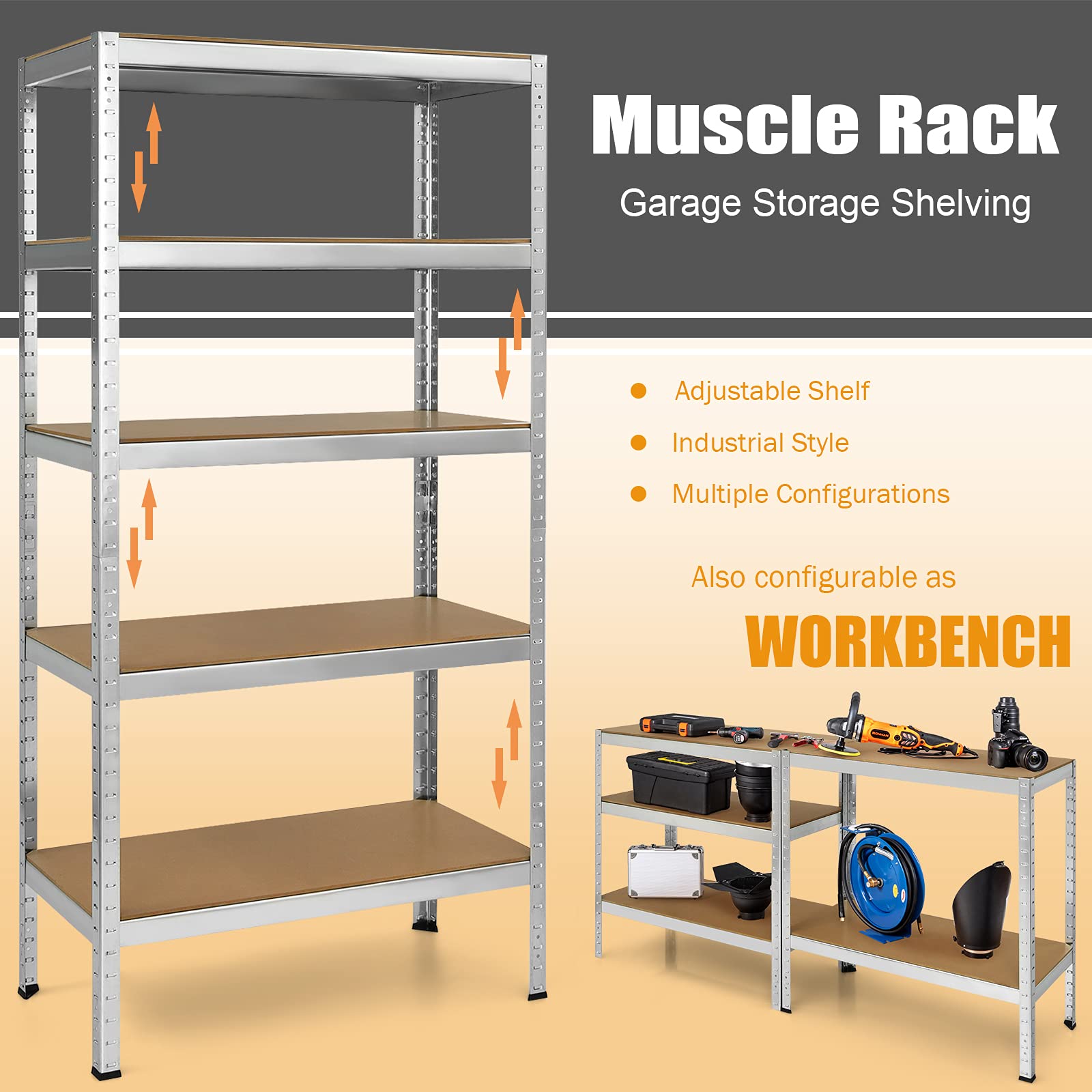 Tangkula 72 Inch Heavy Duty 5-Tier Metal Storage Shelves - Steel Frame Garage Shelving Unit for Home, Office, Dormitory, Warehouse & Garage Organization (Silver) - Perfect for Storing Tools, Books, Supplies & Seasonal Items
