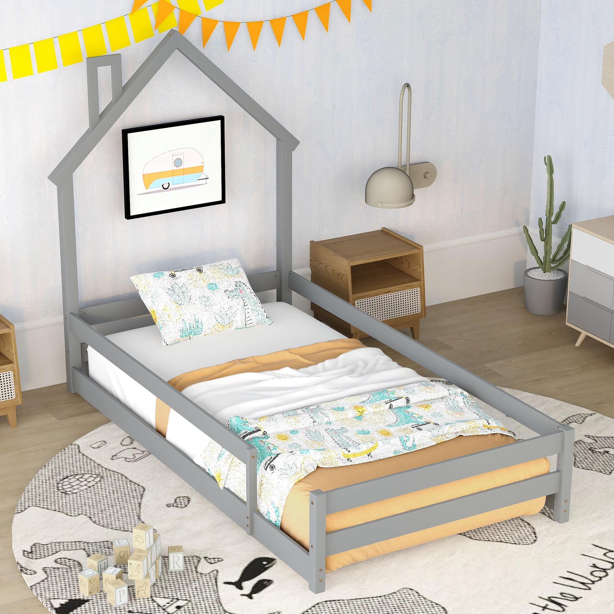 Bellemave Twin Size Wooden Montessori House-Shaped Headboard Floor Bed with Safety Fences for Kids - Gray Toddler Bed Frame for Girls & Boys | Perfect for Montessori Bedrooms, Playrooms & Safe Toddler Sleep Spaces