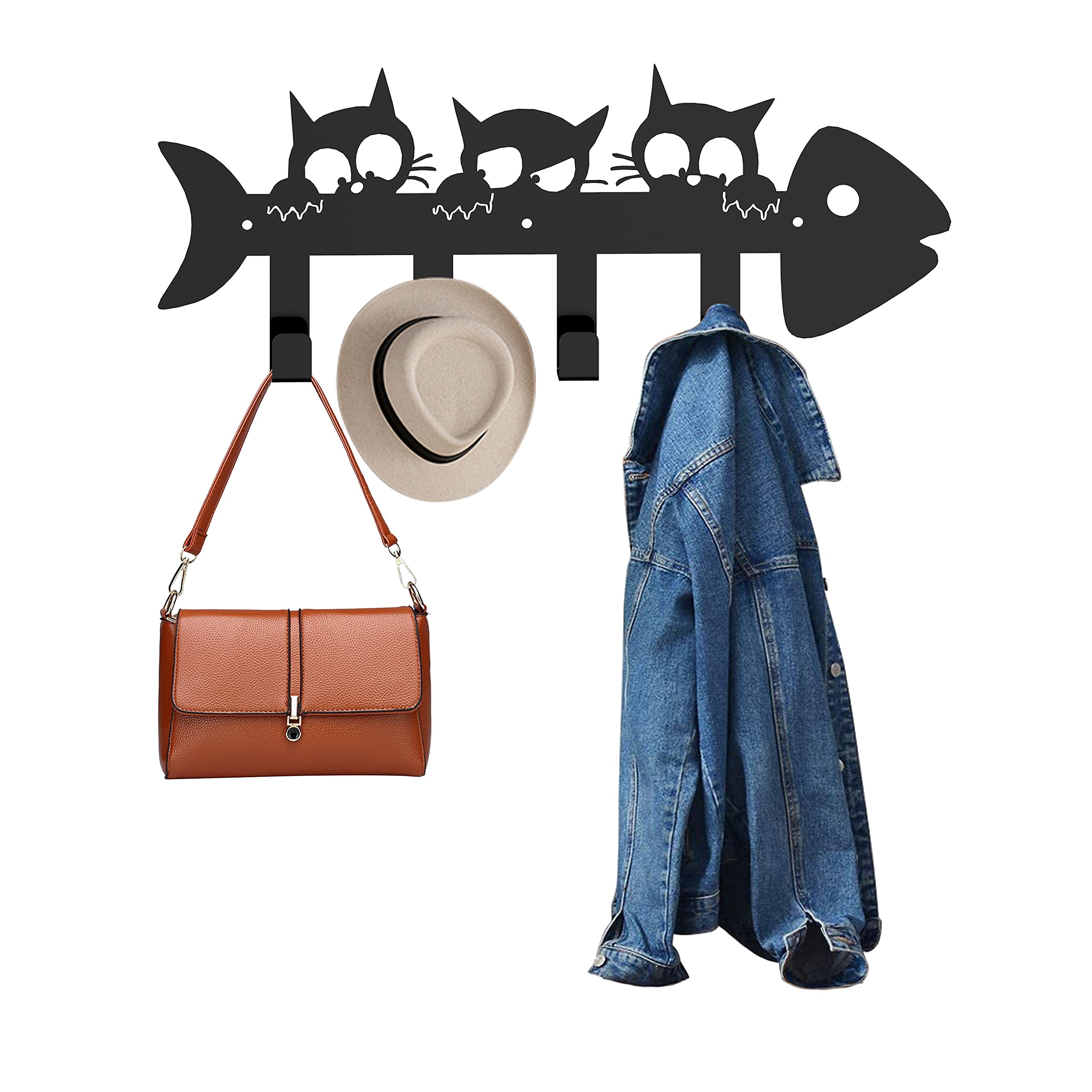 16 Inch Modern Wall Mounted Cat Coat Rack - 4 Durable Hooks for Bathroom, Kitchen & Entryway - Matte Black Towel Rack, Key Holder & Pet Leash Organizer - Perfect for Home Decor & Space Saving Storage